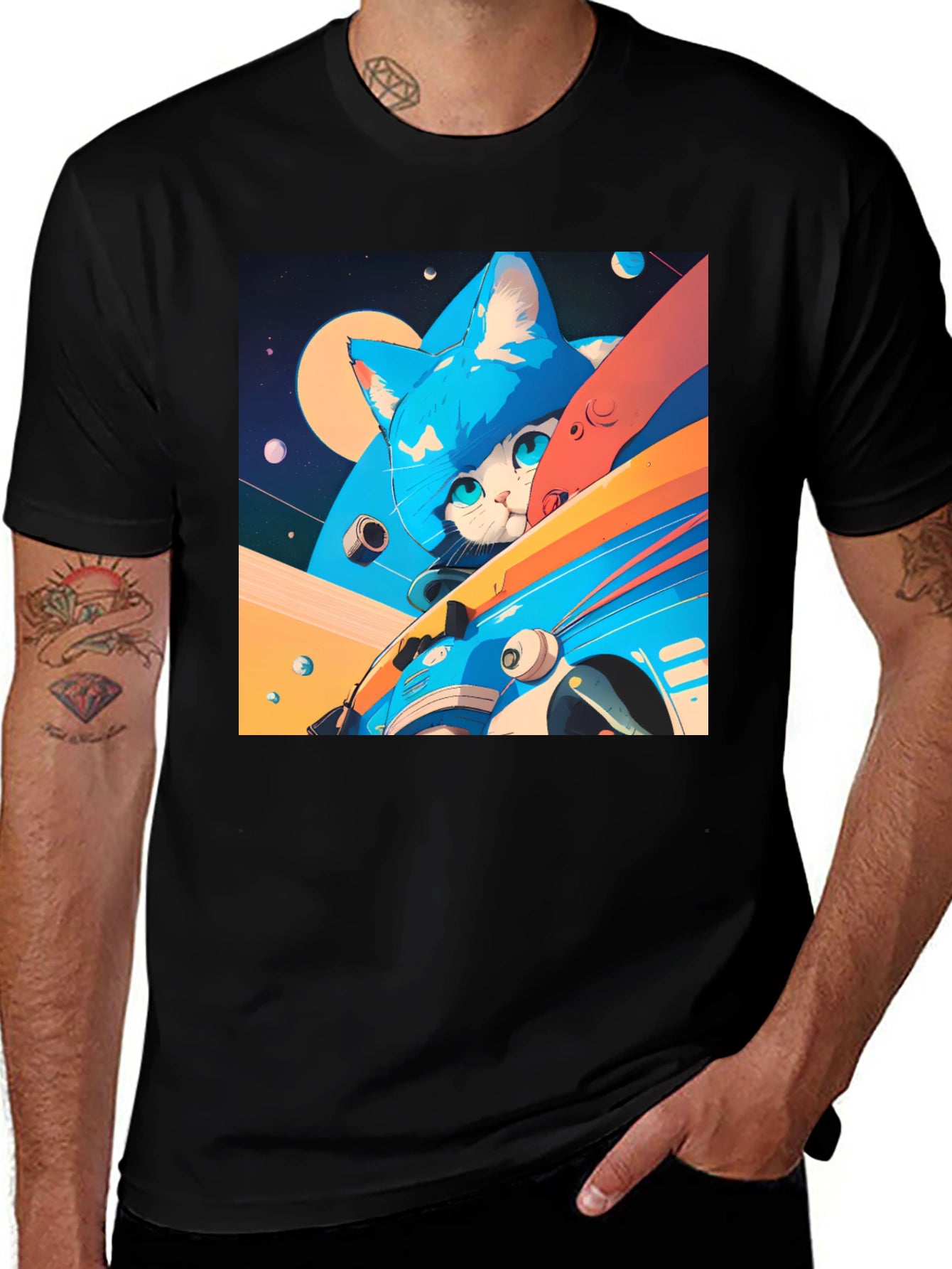 Cosmic Cat Black T-Shirt - Space Adventure