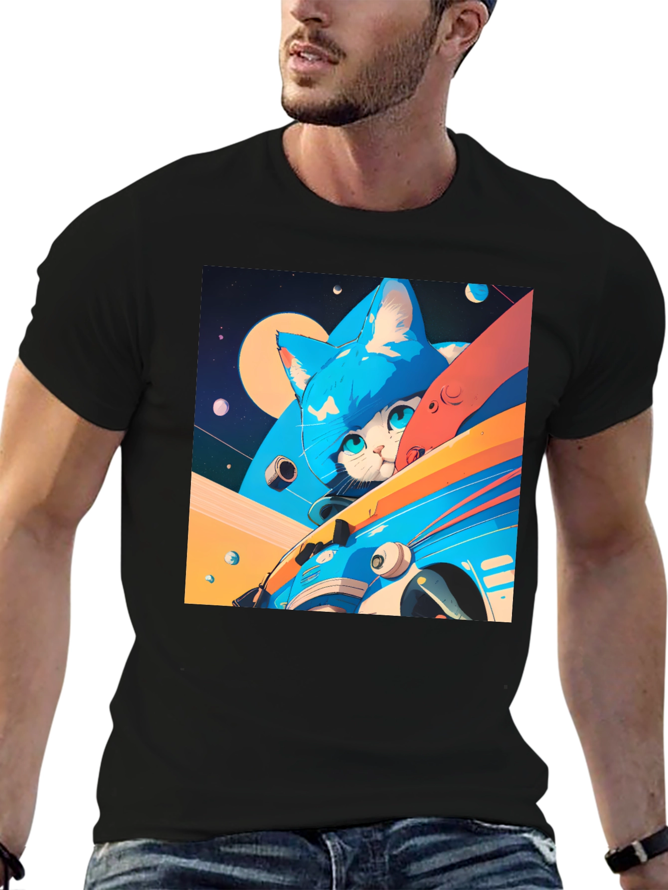 Cosmic Cat Black T-Shirt - Space Adventure