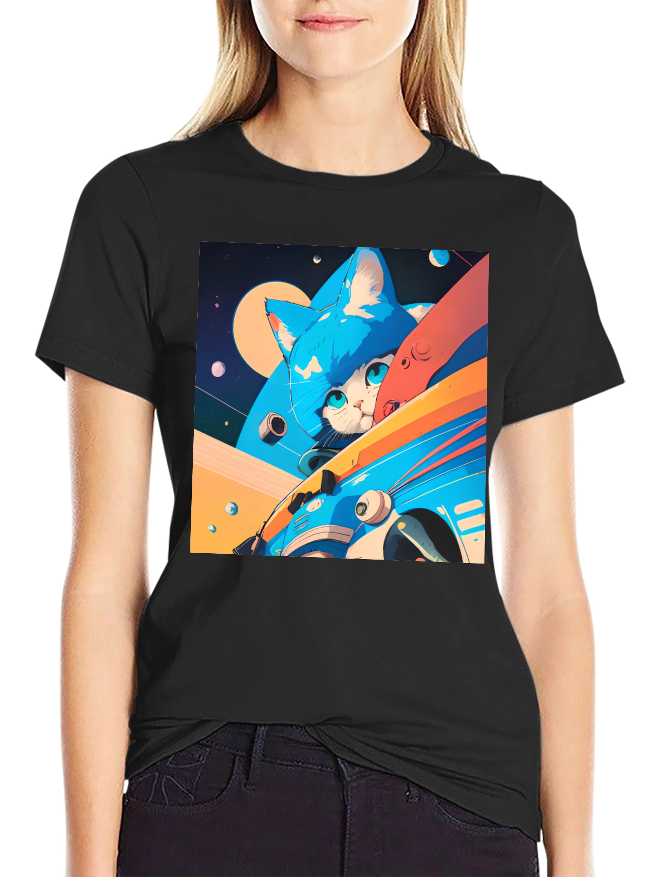 Cosmic Cat Black T-Shirt - Space Adventure
