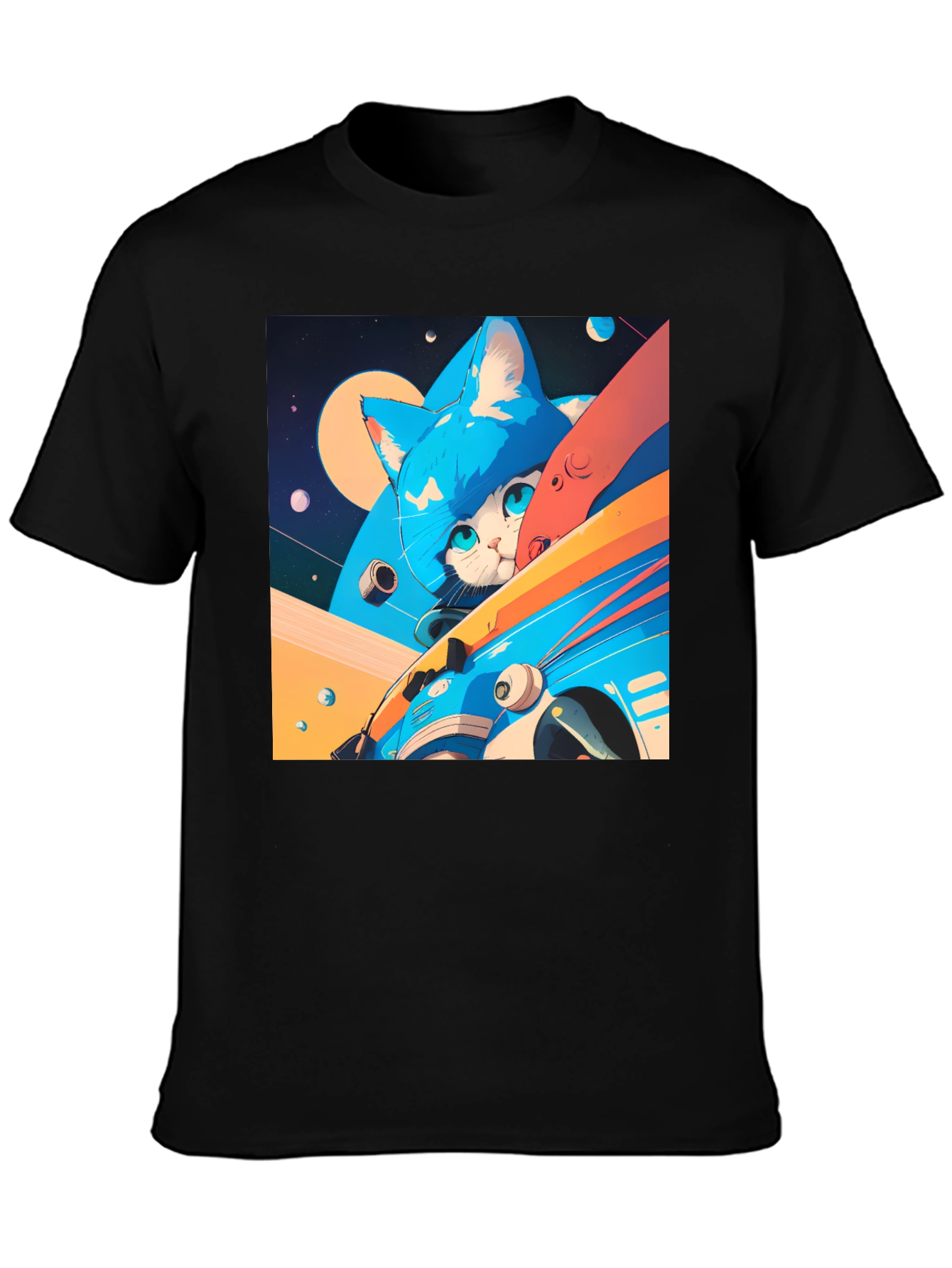 Cosmic Cat Black T-Shirt - Space Adventure