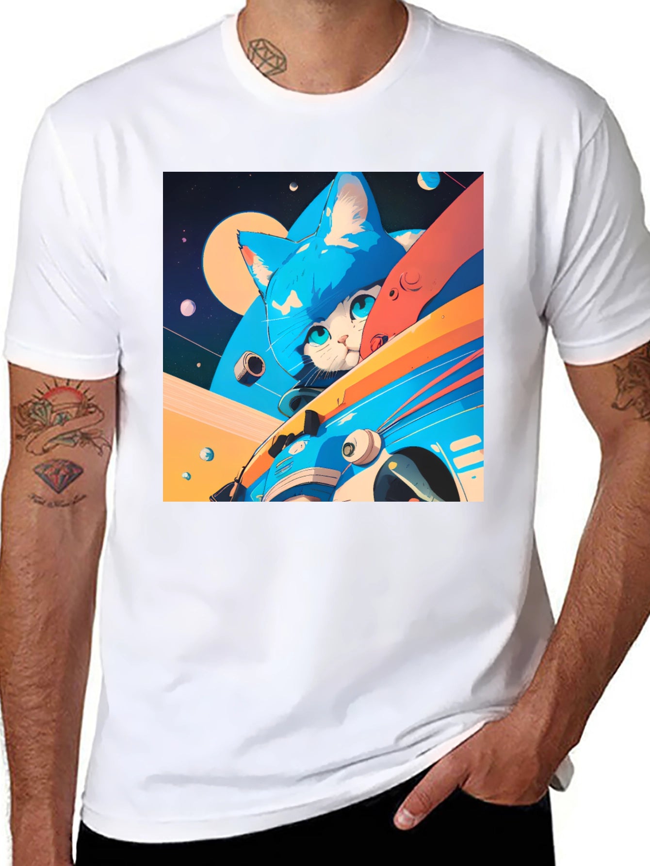 Cosmic Cat Black T-Shirt - Space Adventure
