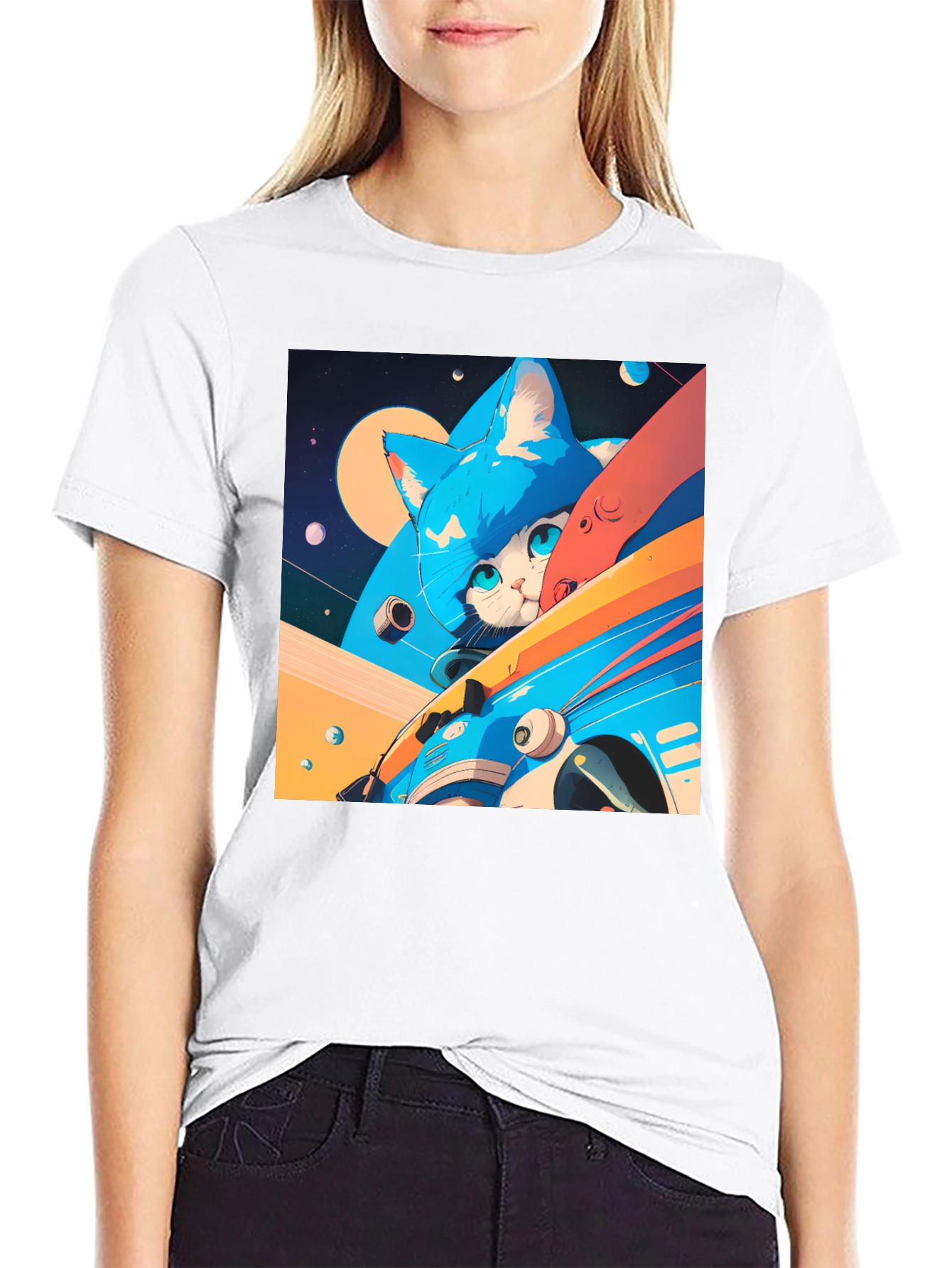 Cosmic Cat Black T-Shirt - Space Adventure