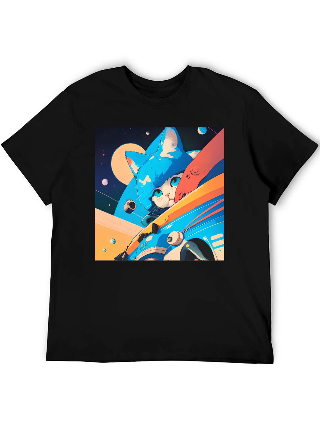 Cosmic Cat Black T-Shirt - Space Adventure