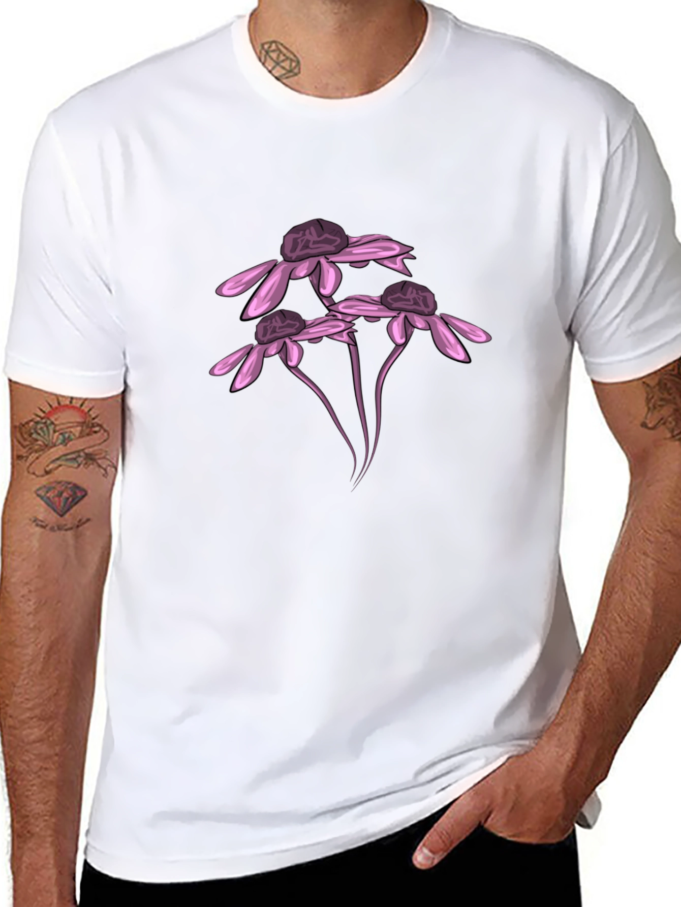 Black T-Shirt with Pink Flower Design