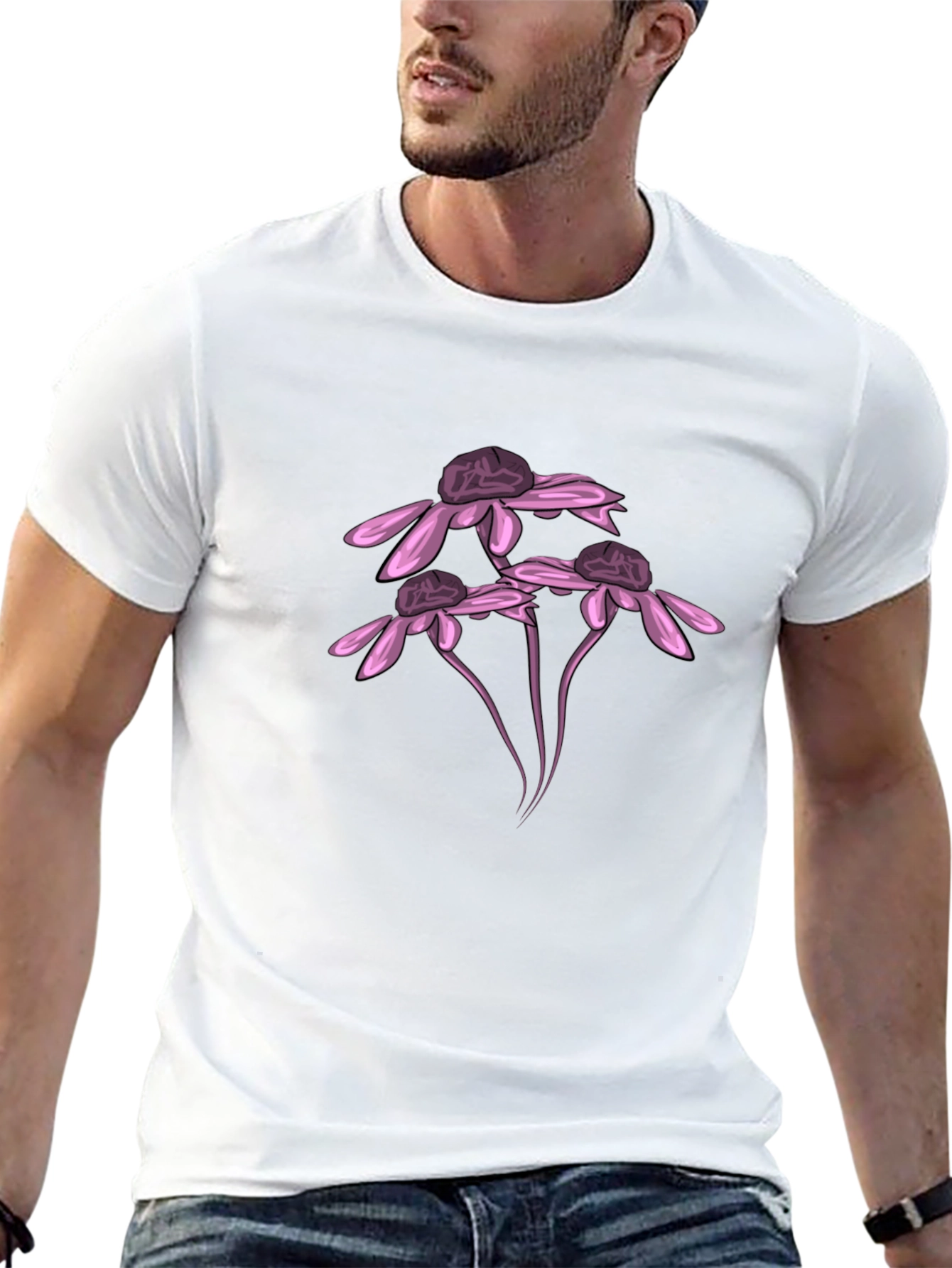 Black T-Shirt with Pink Flower Design