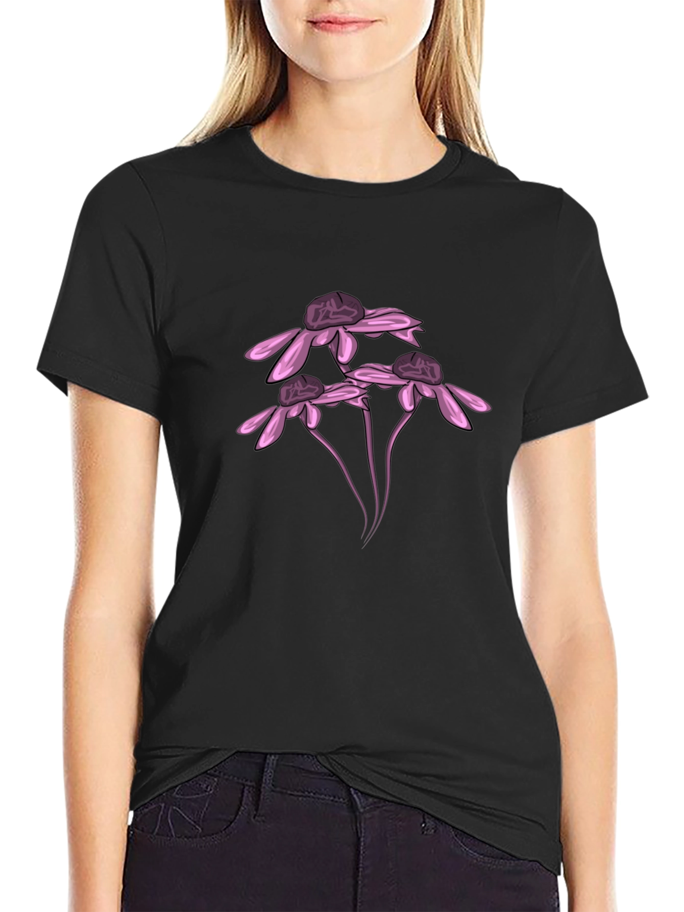 Black T-Shirt with Pink Flower Design