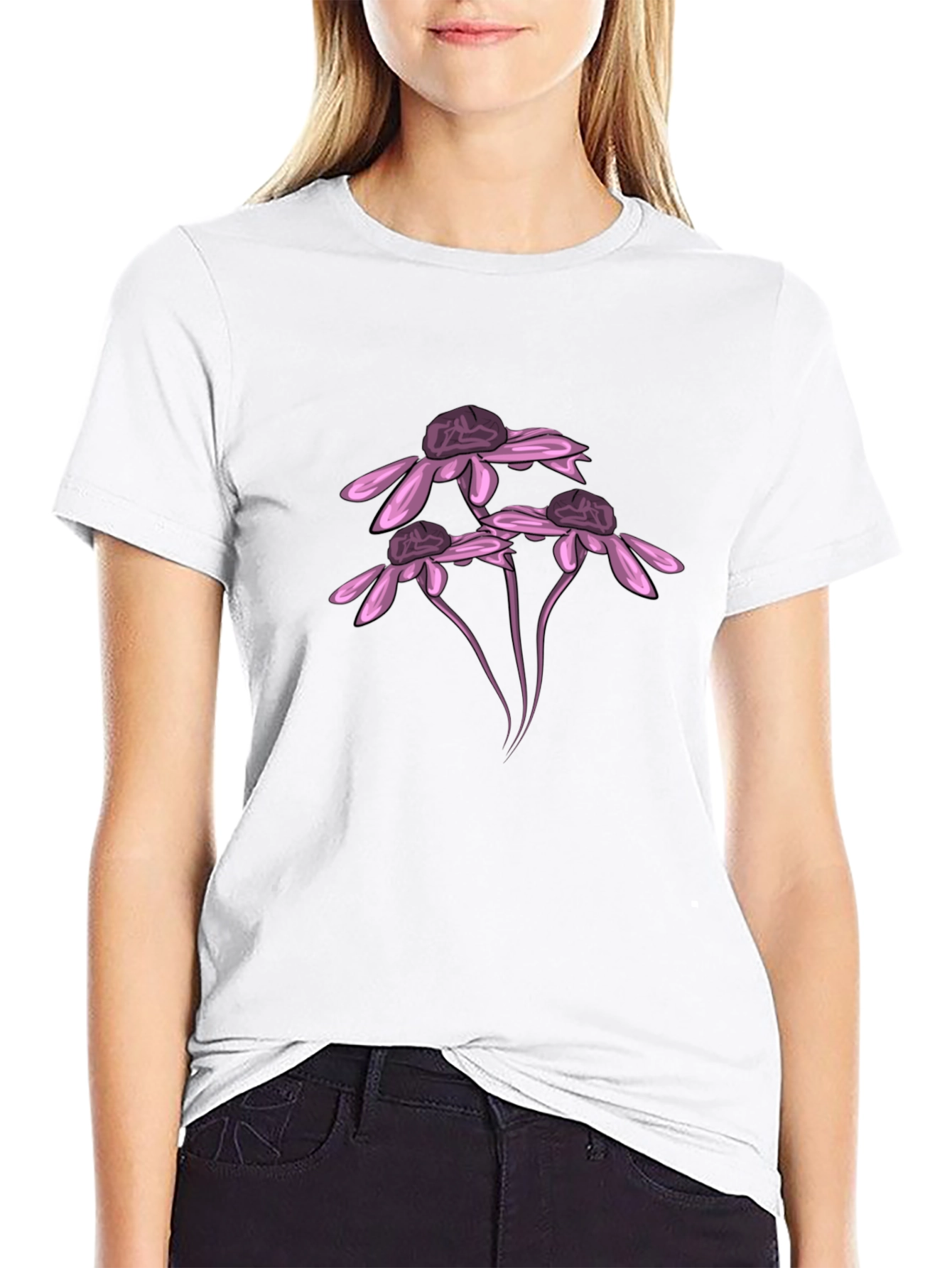 Black T-Shirt with Pink Flower Design