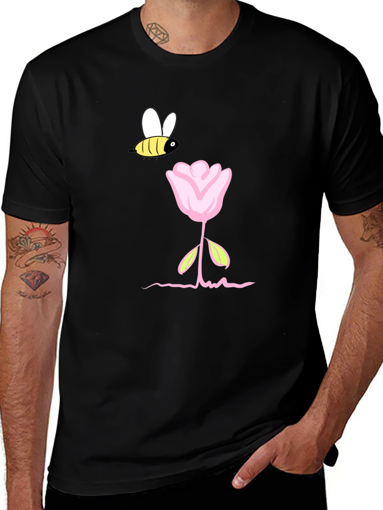 Bee and Flower Graphic T-Shirt - Black Casual Tee