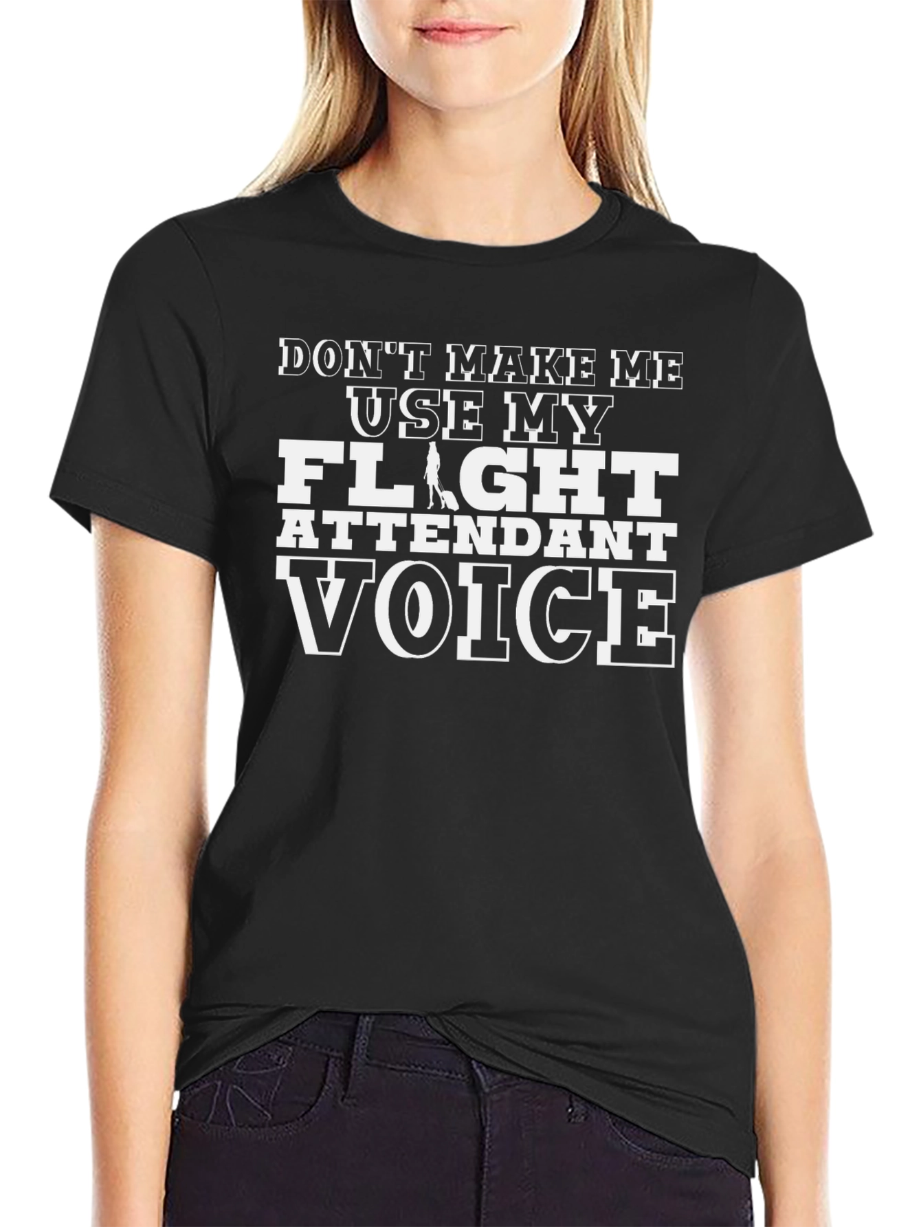 Flight Attendant Voice Black T-Shirt Funny Airline Crew Tee
