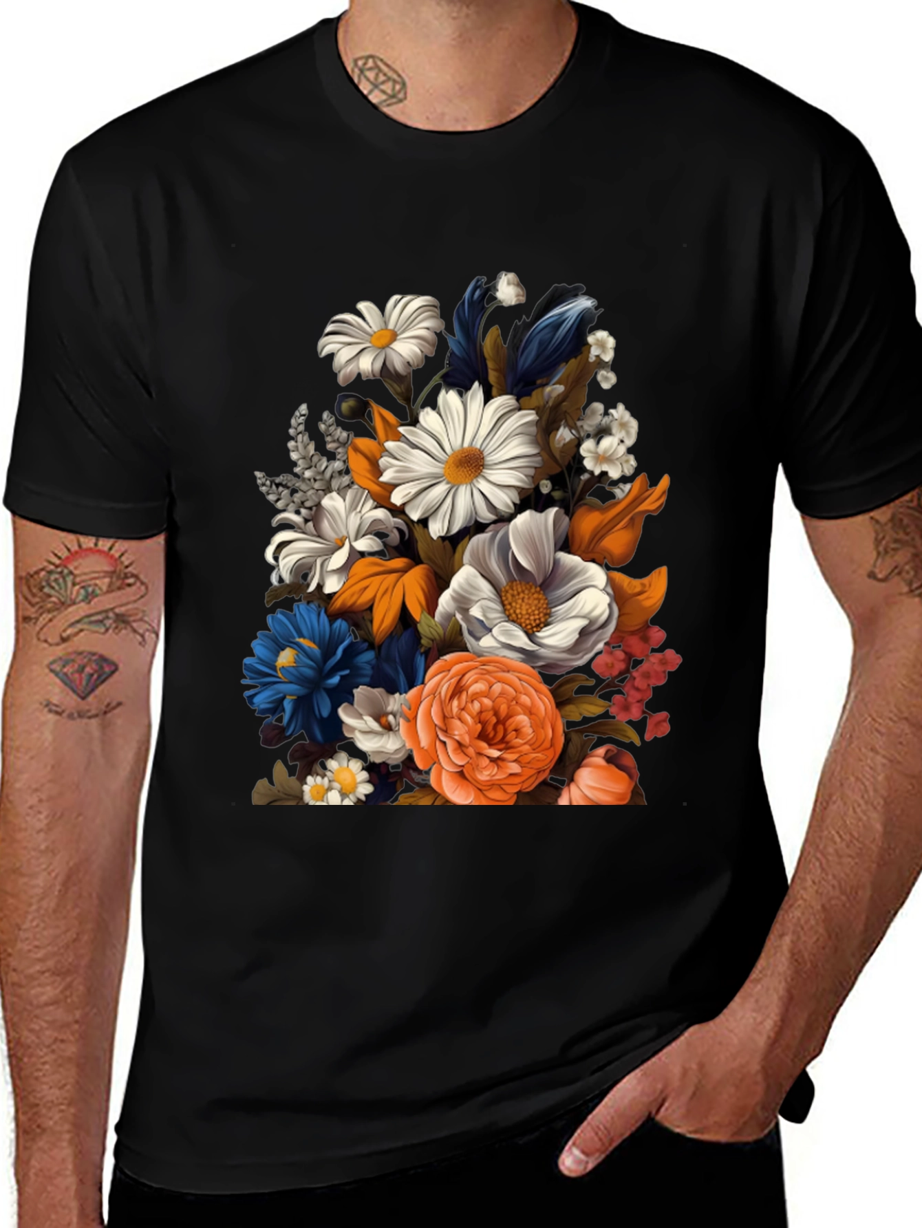 Floral Print Black T-Shirt for Men