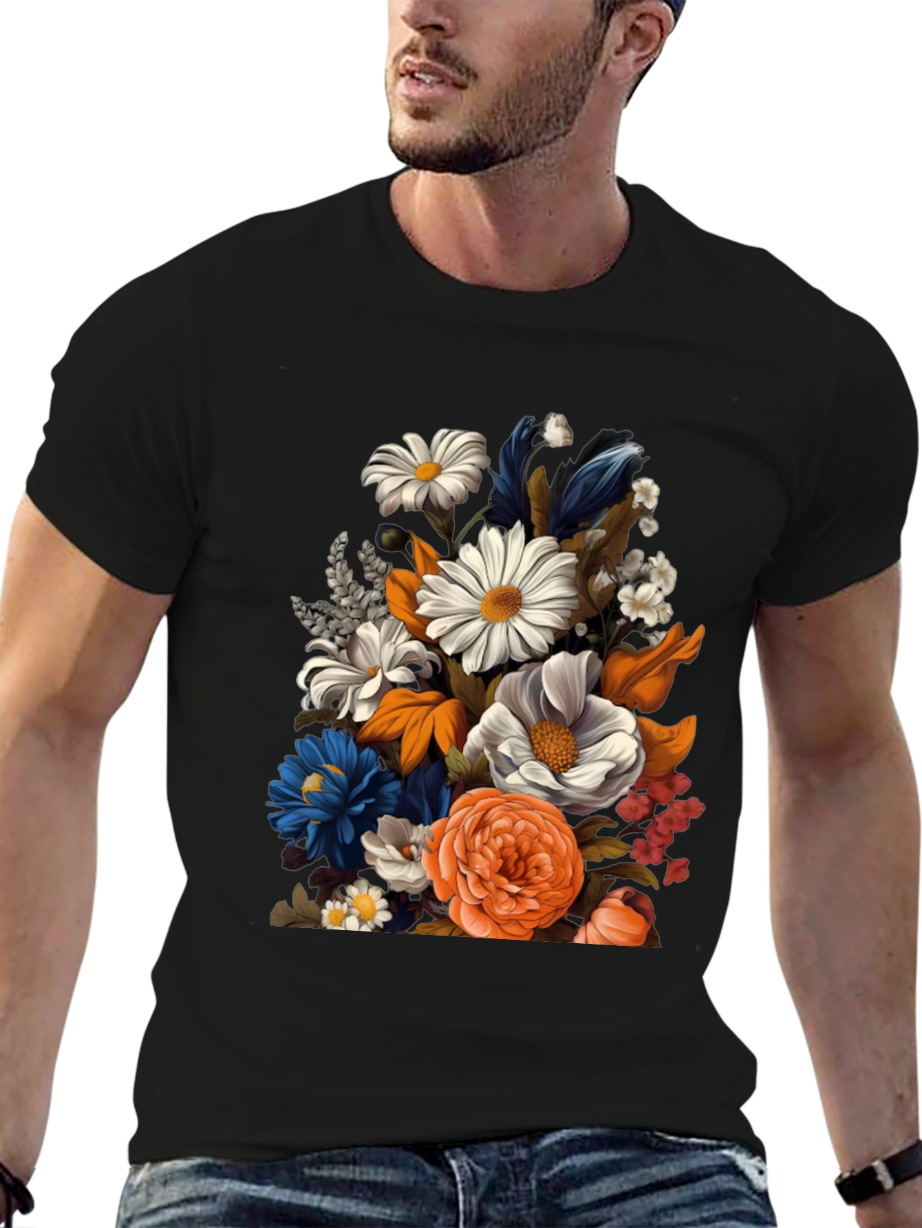 Floral Print Black T-Shirt for Men