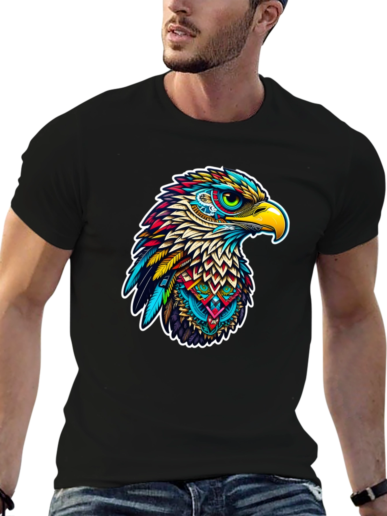 Vibrant Eagle Graphic Tee - Stylish Mens Black T-Shirt
