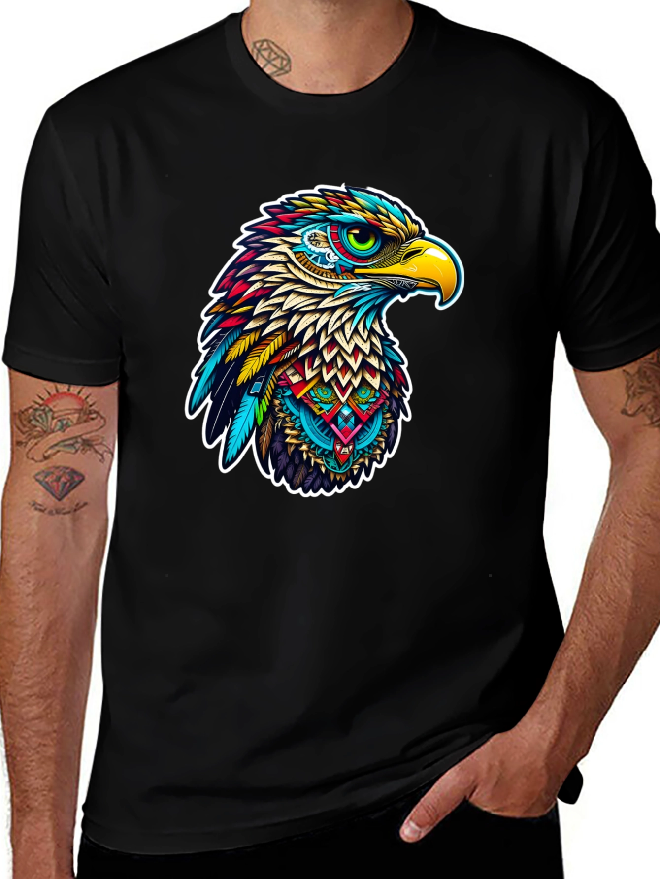 Vibrant Eagle Graphic Tee - Stylish Mens Black T-Shirt