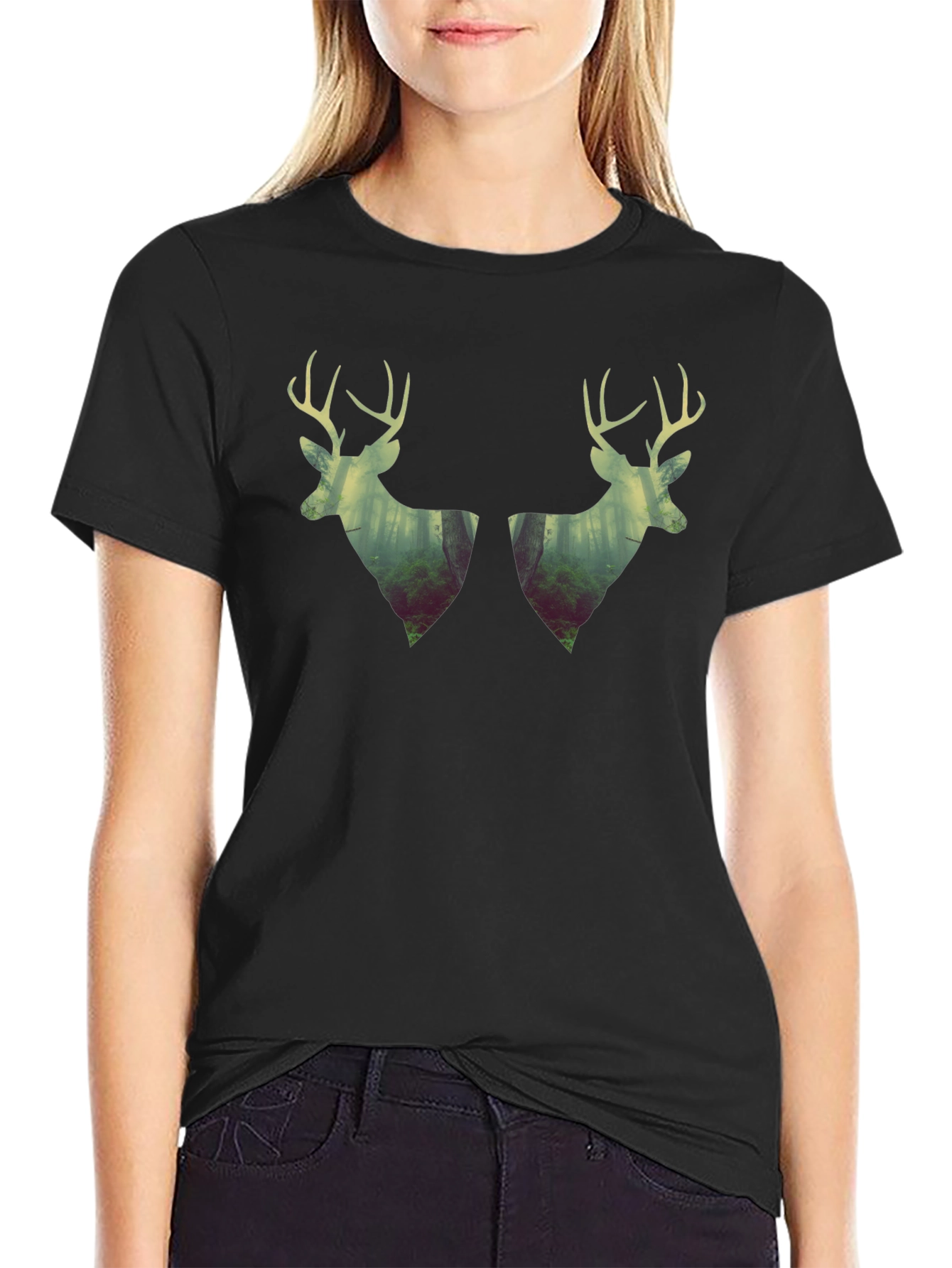 Deer Silhouette Forest Graphic Tee - Black