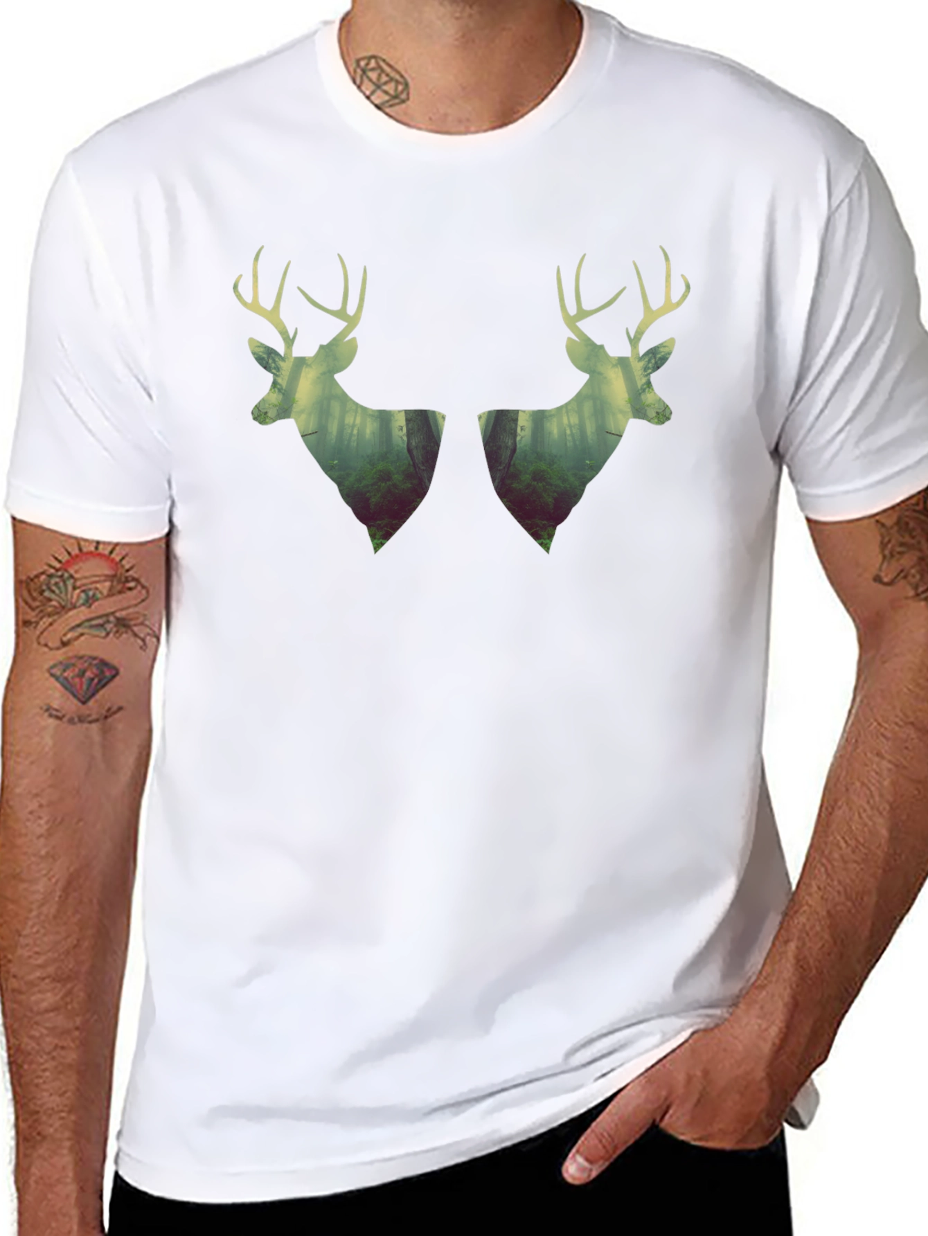 Deer Silhouette Forest Graphic Tee - Black