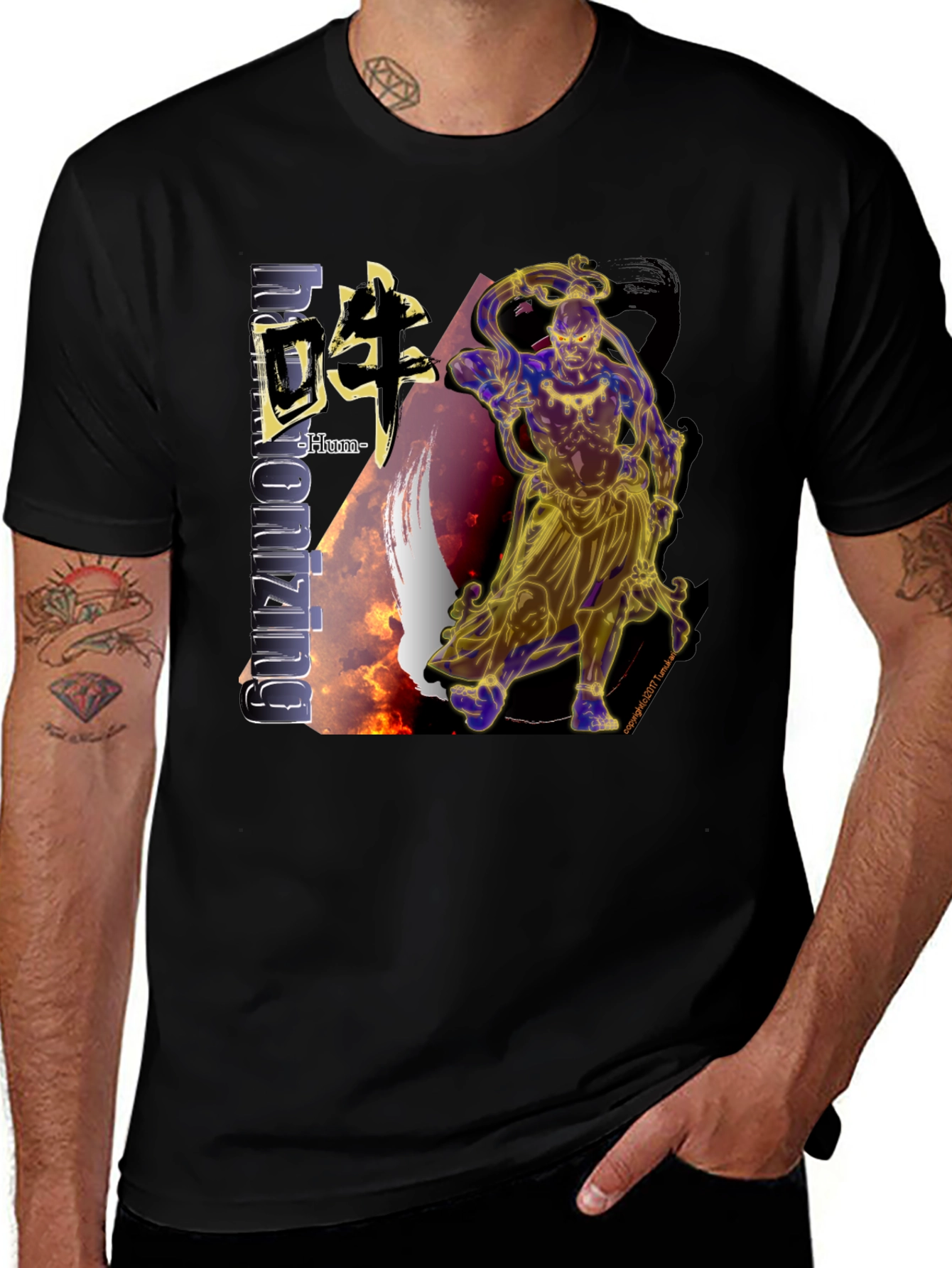 Mens Black T-Shirt with Asian-Inspired Graphic Design