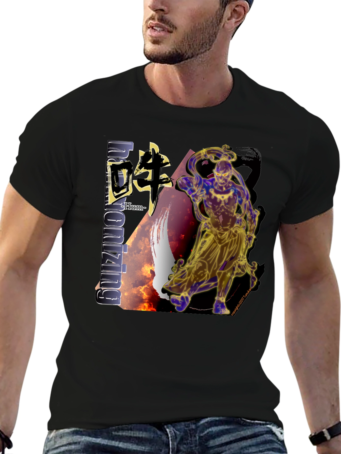 Mens Black T-Shirt with Asian-Inspired Graphic Design
