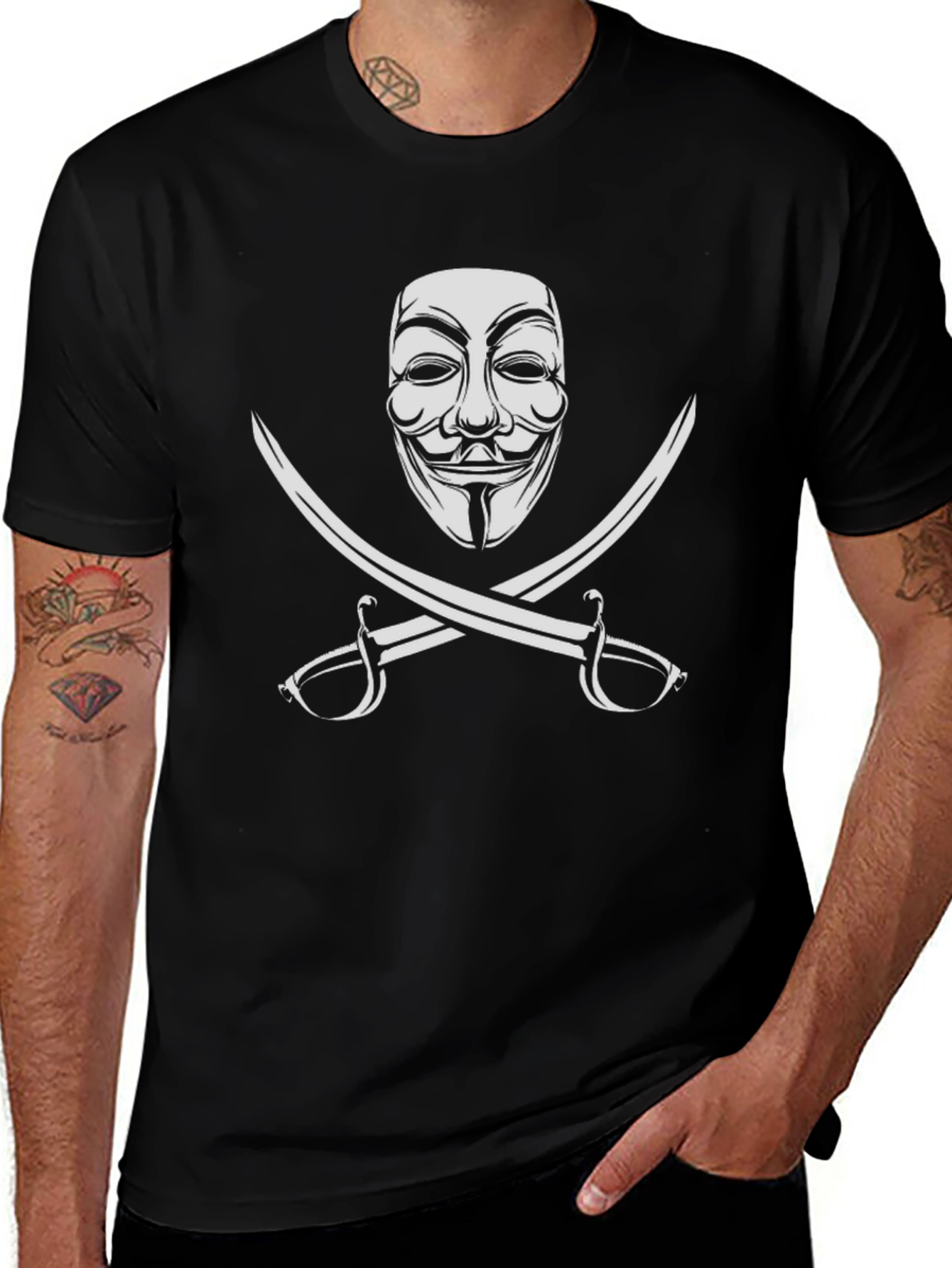 Anonymous Mask & Crossed Swords T-Shirt - Black