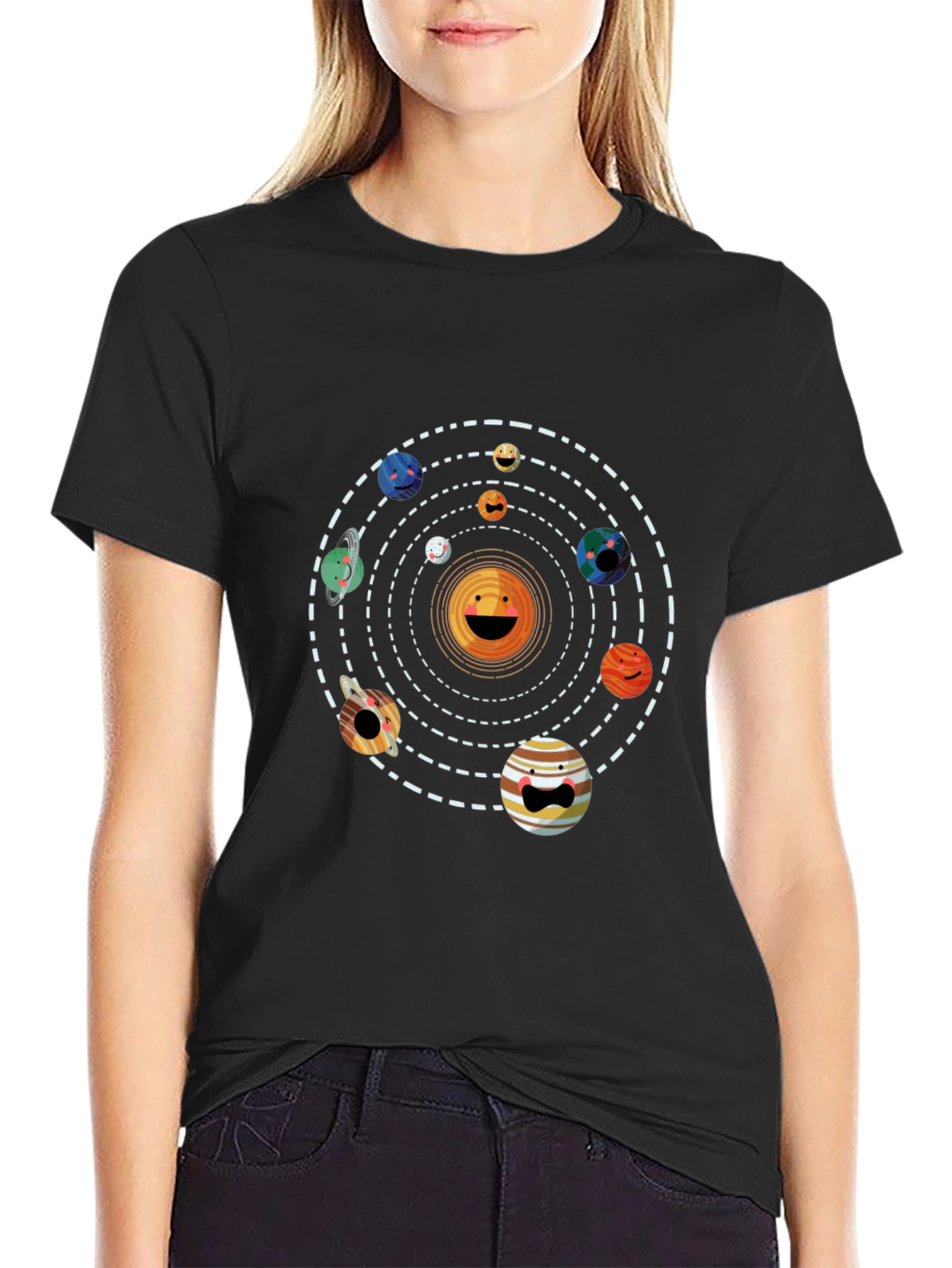 Solar System Smiley Face Black T-Shirt