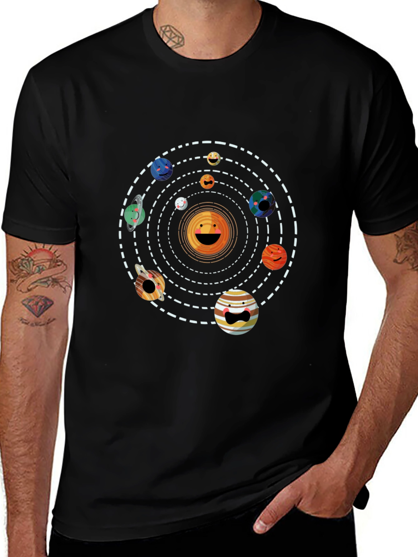 Solar System Smiley Face Black T-Shirt