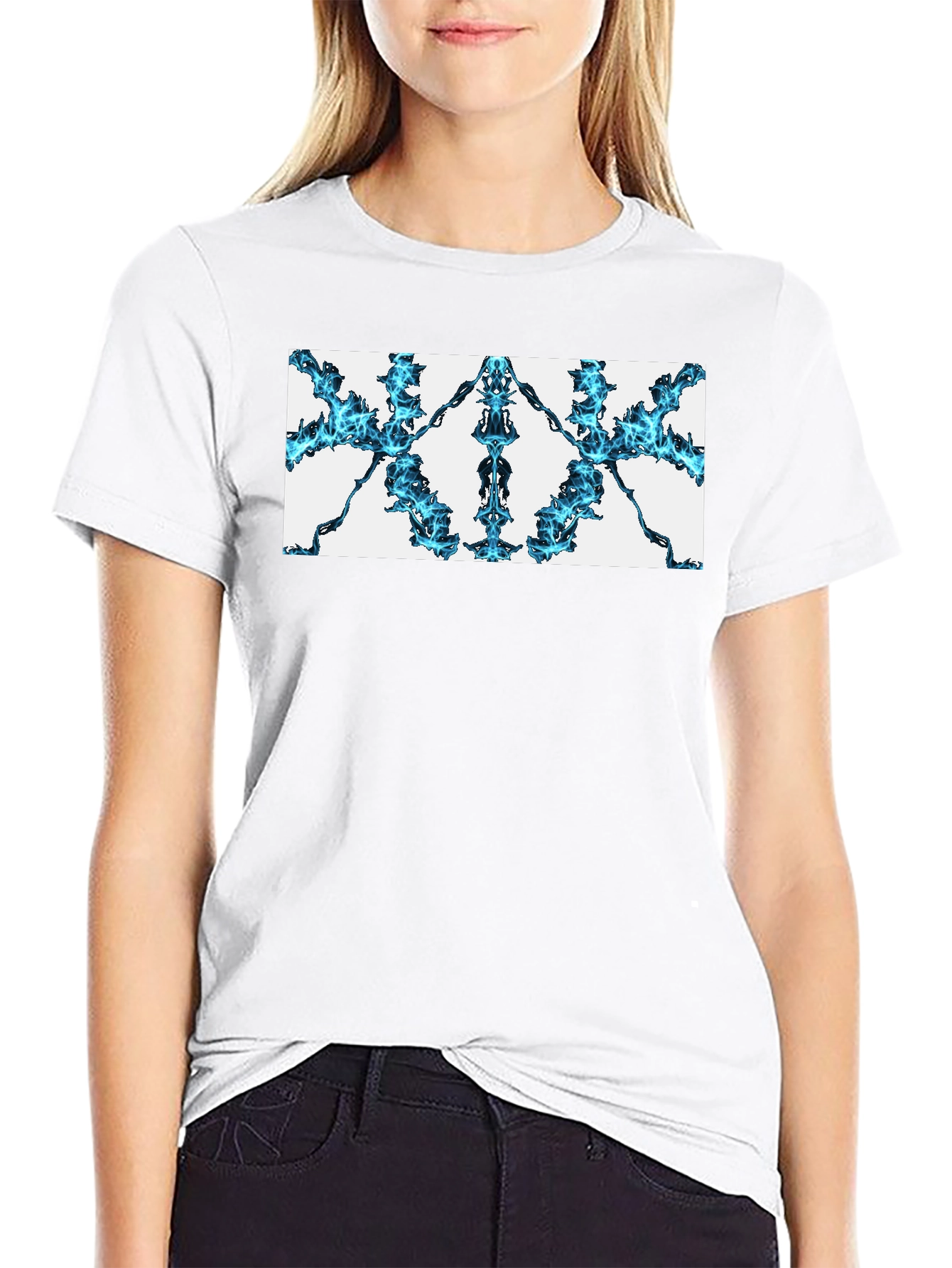 Abstract Blue Flame Graphic Black Tee