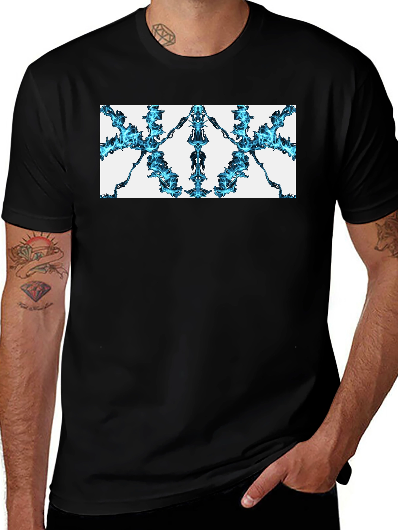 Abstract Blue Flame Graphic Black Tee
