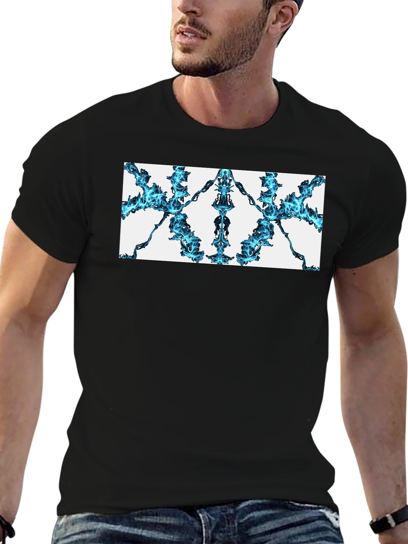 Abstract Blue Flame Graphic Black Tee