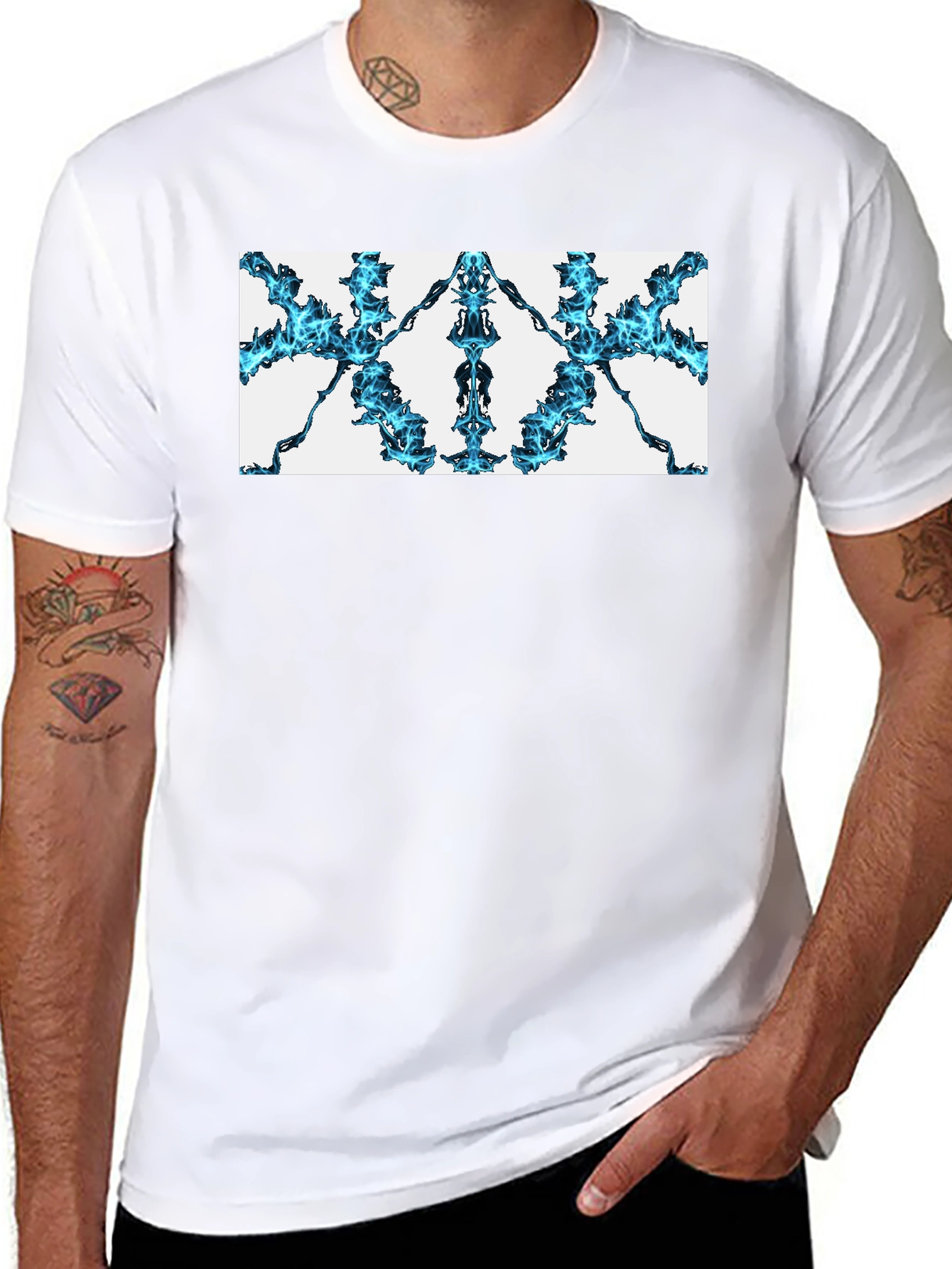 Abstract Blue Flame Graphic Black Tee