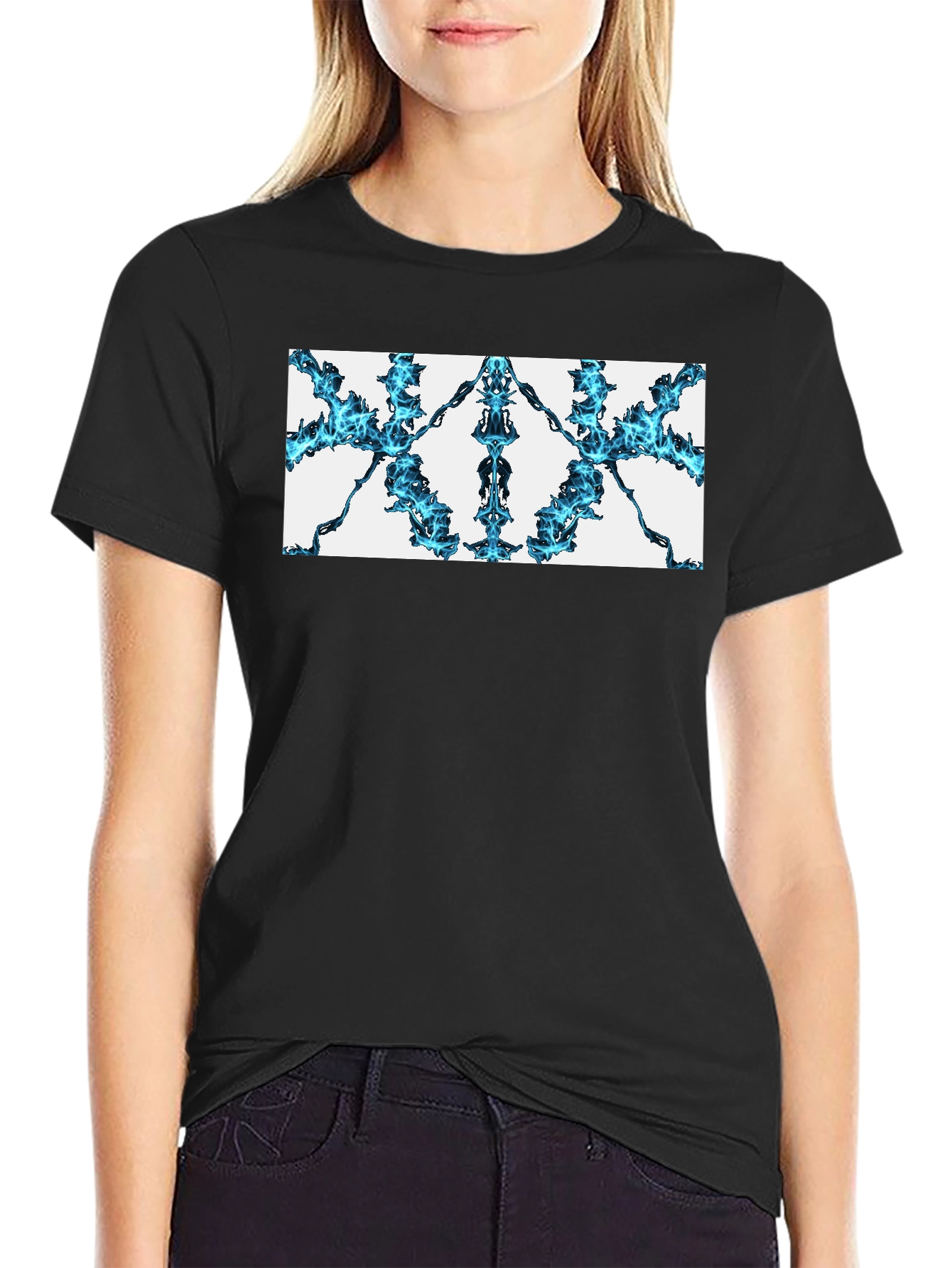Abstract Blue Flame Graphic Black Tee