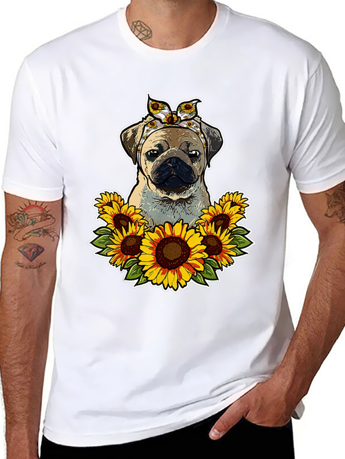 Pug Sunflower T-Shirt - Cute Dog Graphic Tee