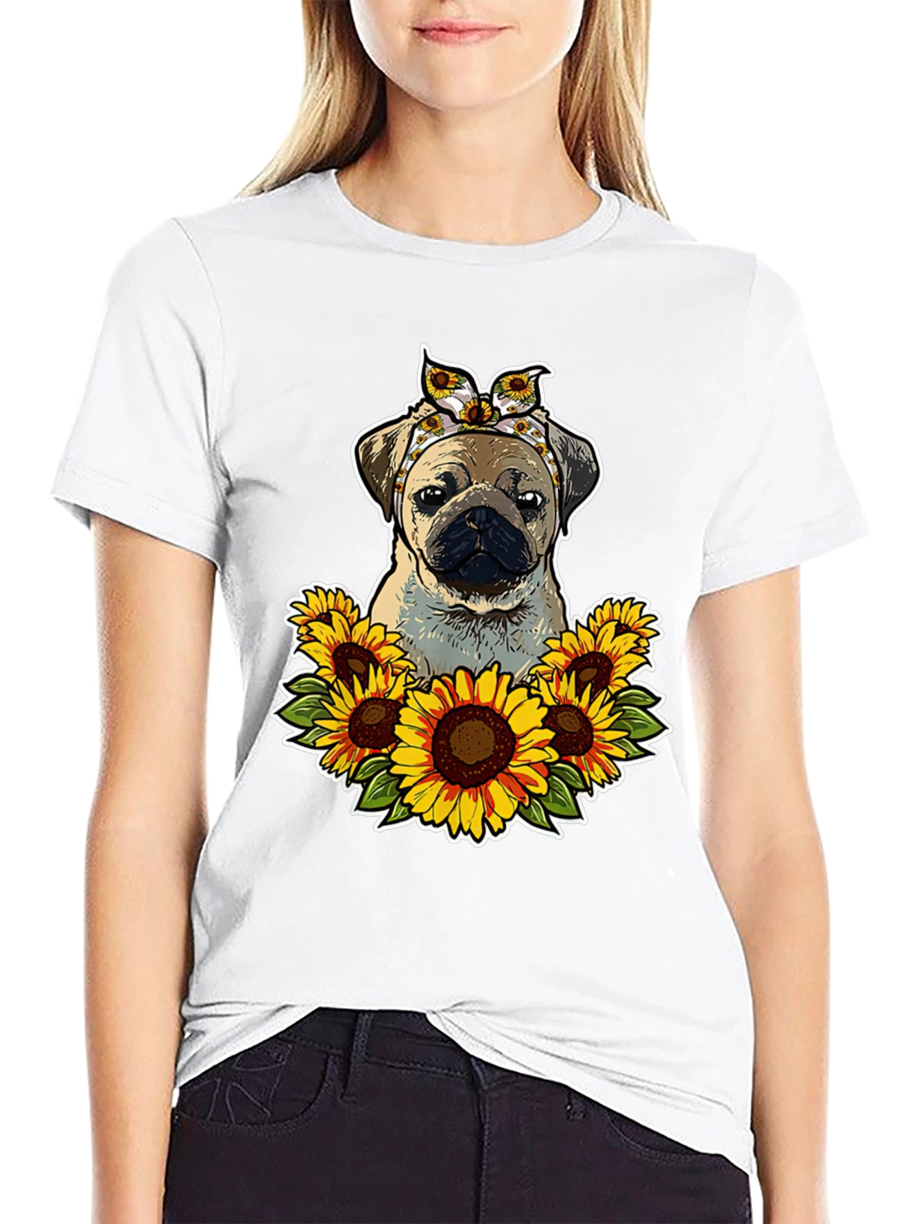 Pug Sunflower T-Shirt - Cute Dog Graphic Tee
