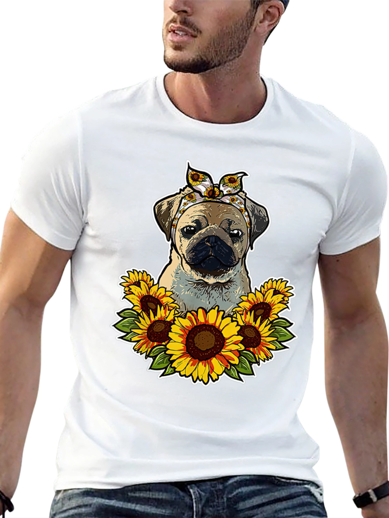 Pug Sunflower T-Shirt - Cute Dog Graphic Tee