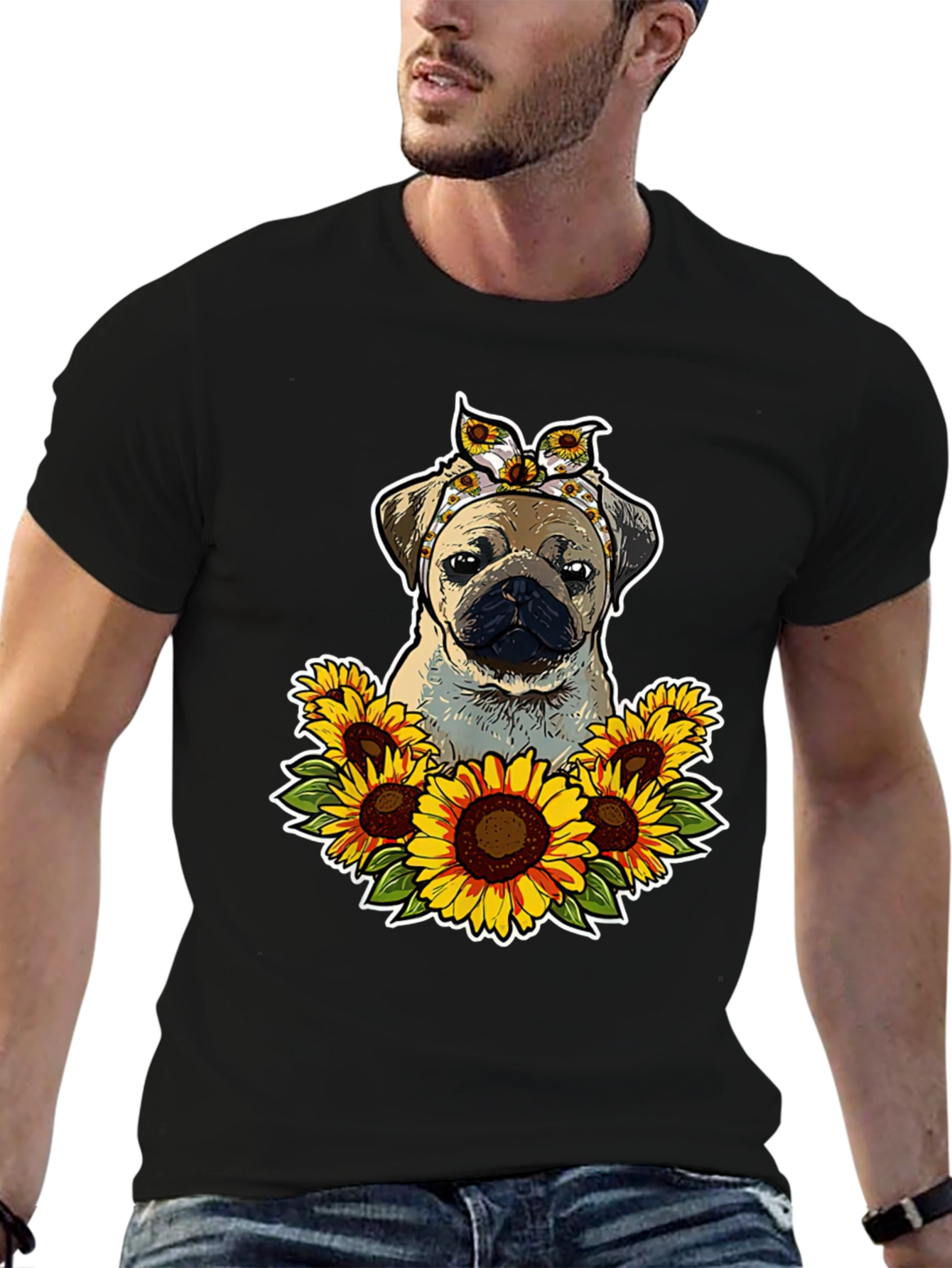Pug Sunflower T-Shirt - Cute Dog Graphic Tee
