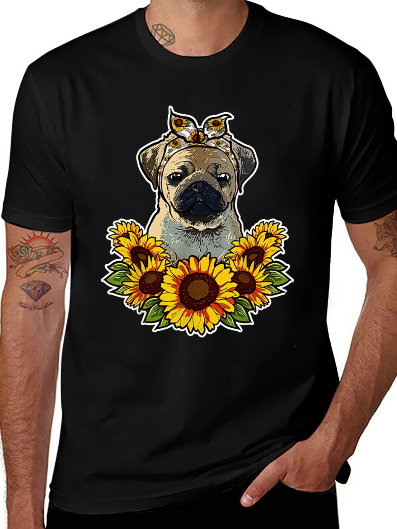 Pug Sunflower T-Shirt - Cute Dog Graphic Tee
