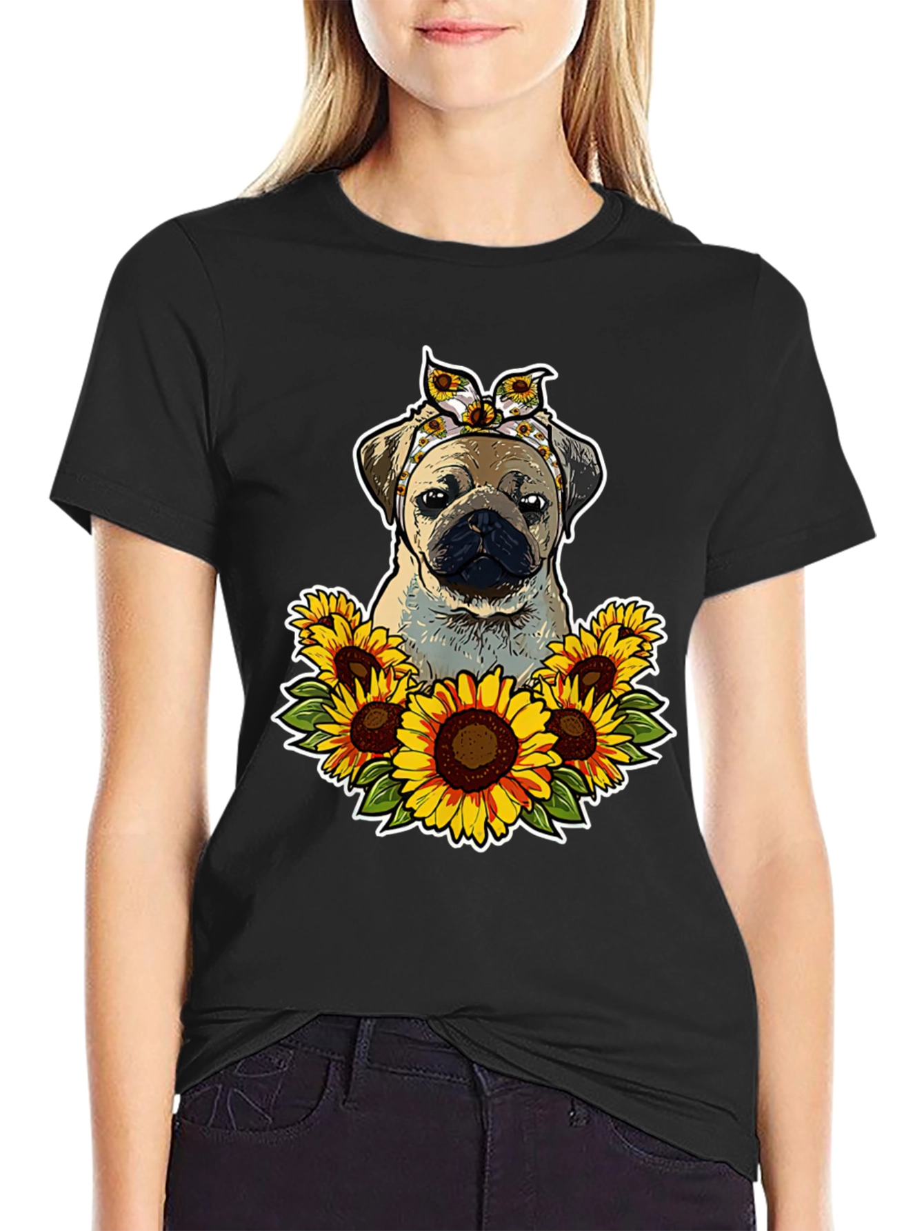 Pug Sunflower T-Shirt - Cute Dog Graphic Tee