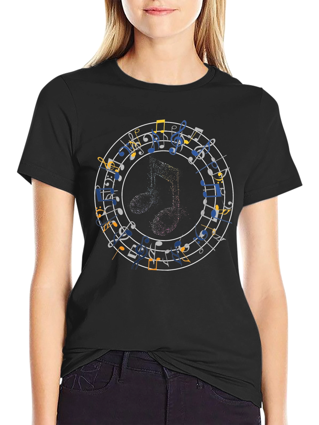 Musical Notes T-Shirt - Black Crew Neck Tee