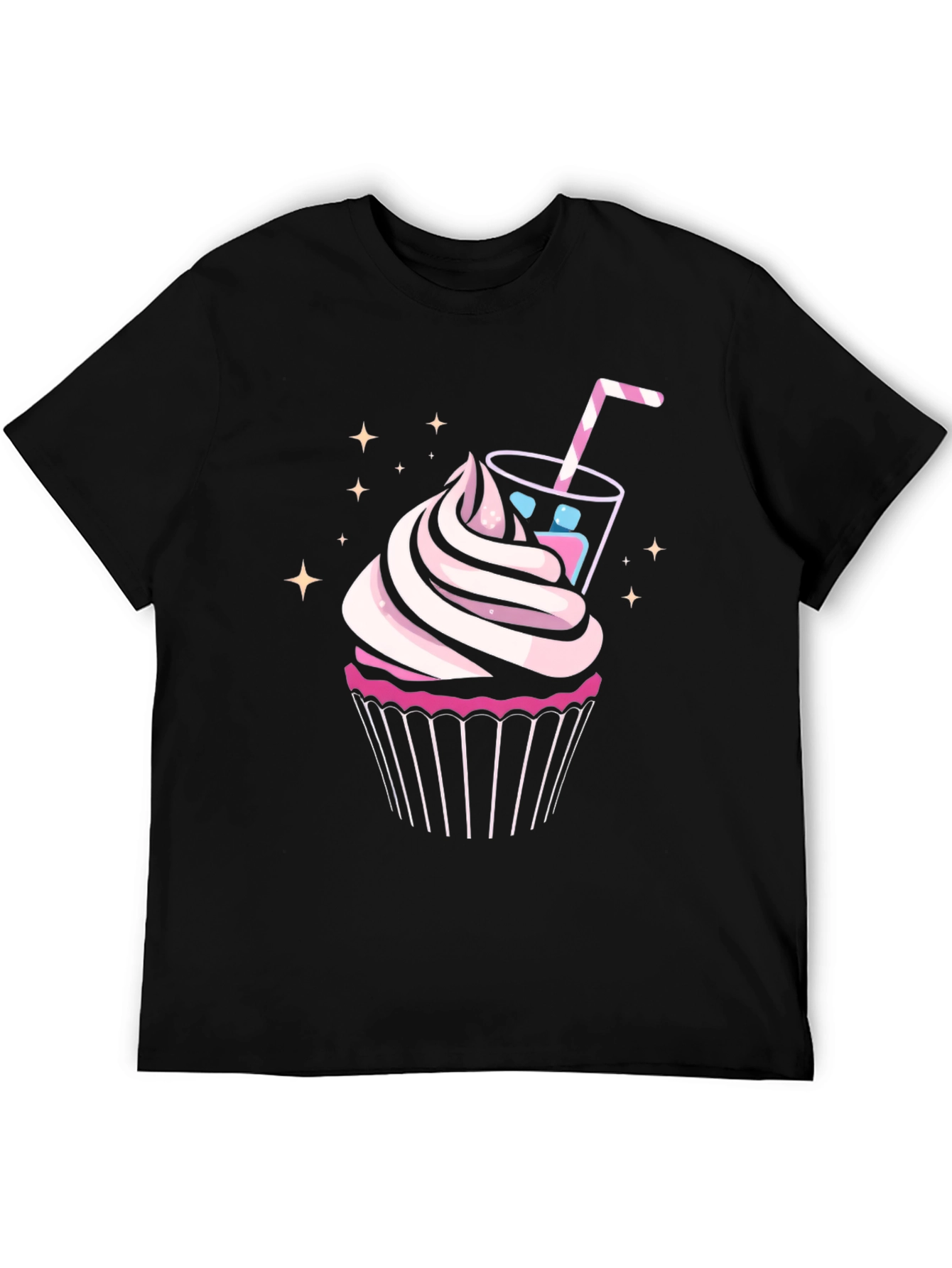 Cupcake & Drink Graphic Tee - Black Cotton Shirt