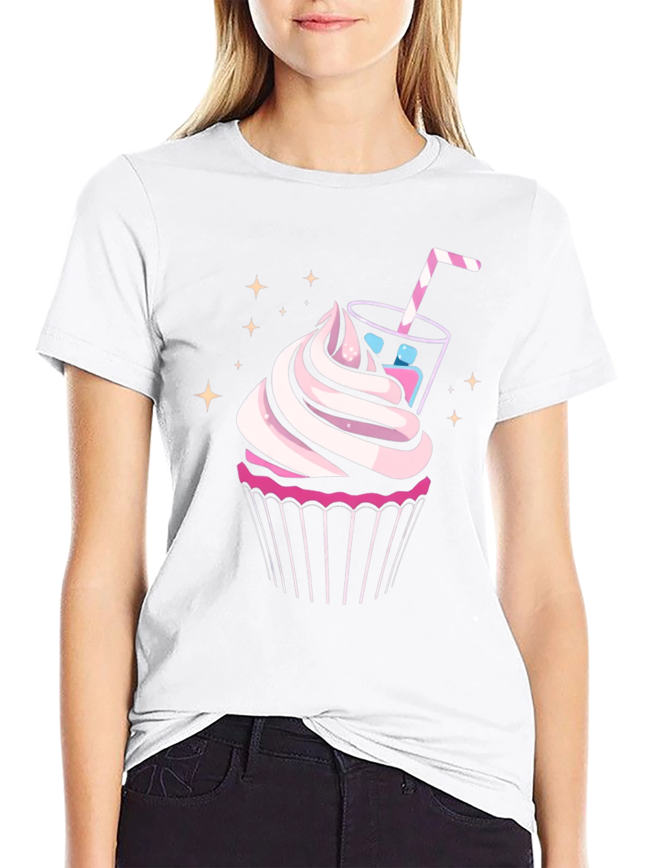 Cupcake & Drink Graphic Tee - Black Cotton Shirt