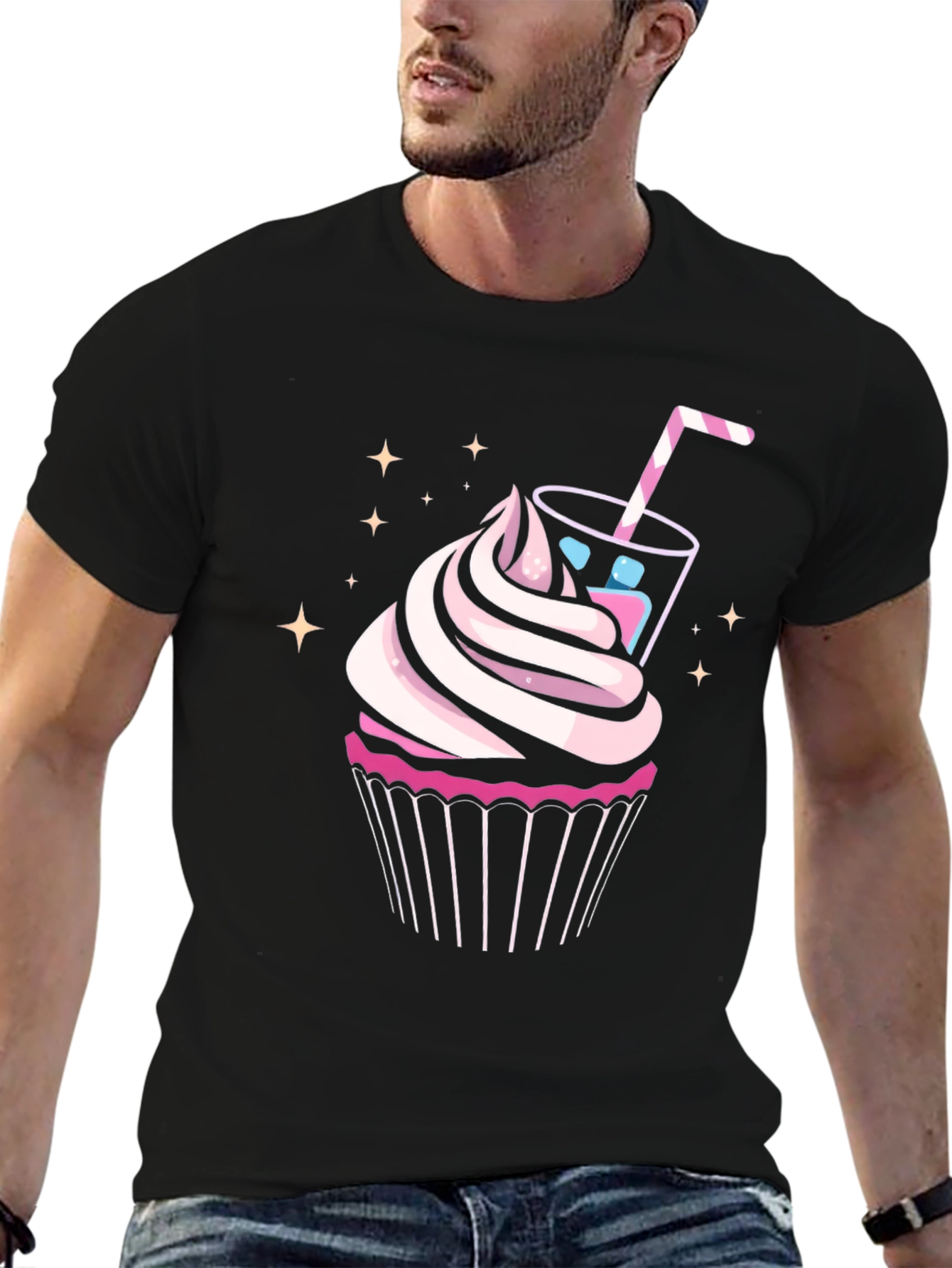 Cupcake & Drink Graphic Tee - Black Cotton Shirt