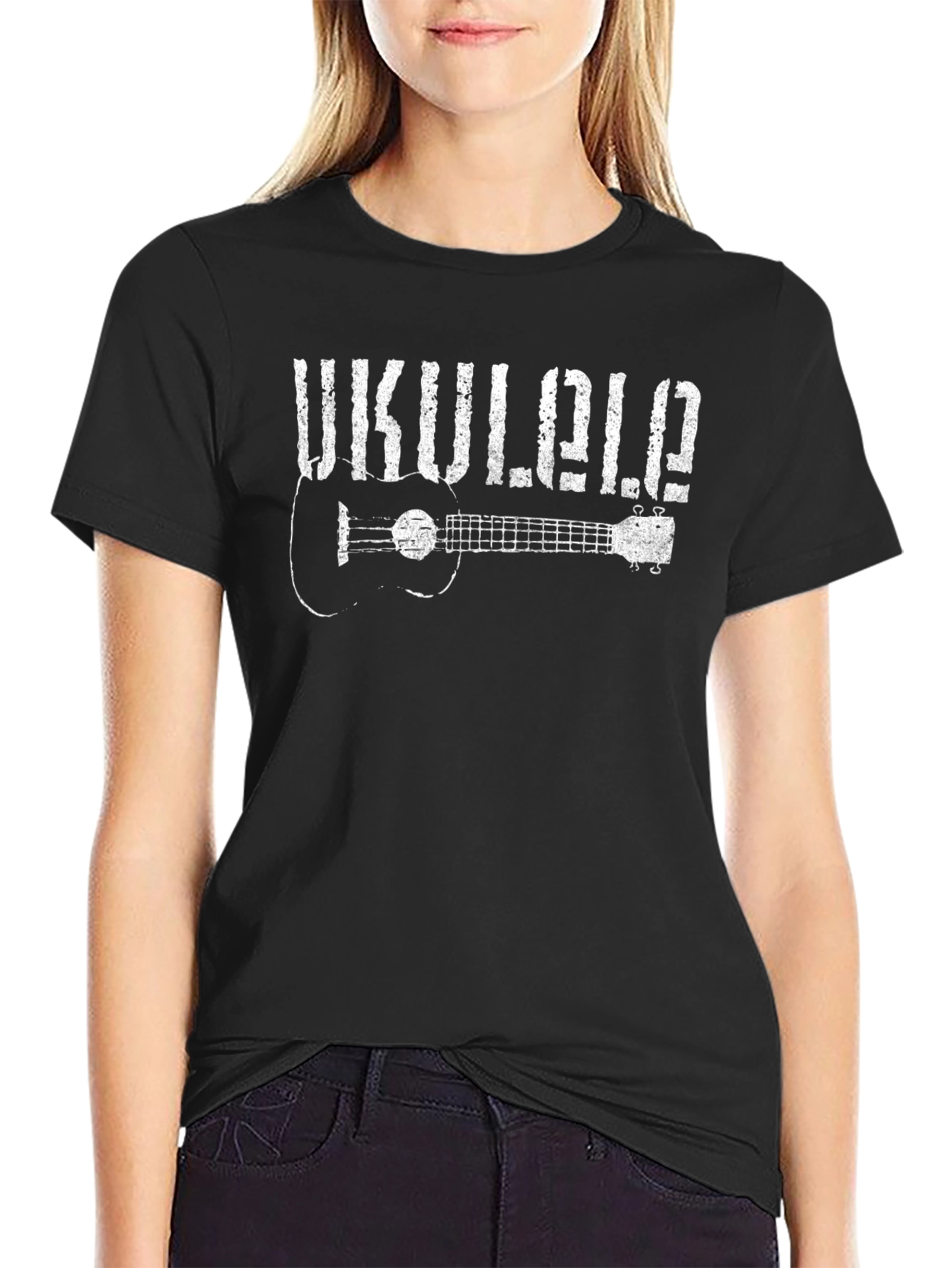 Ukulele Graphic Tee - Stencil Design Black T-Shirt