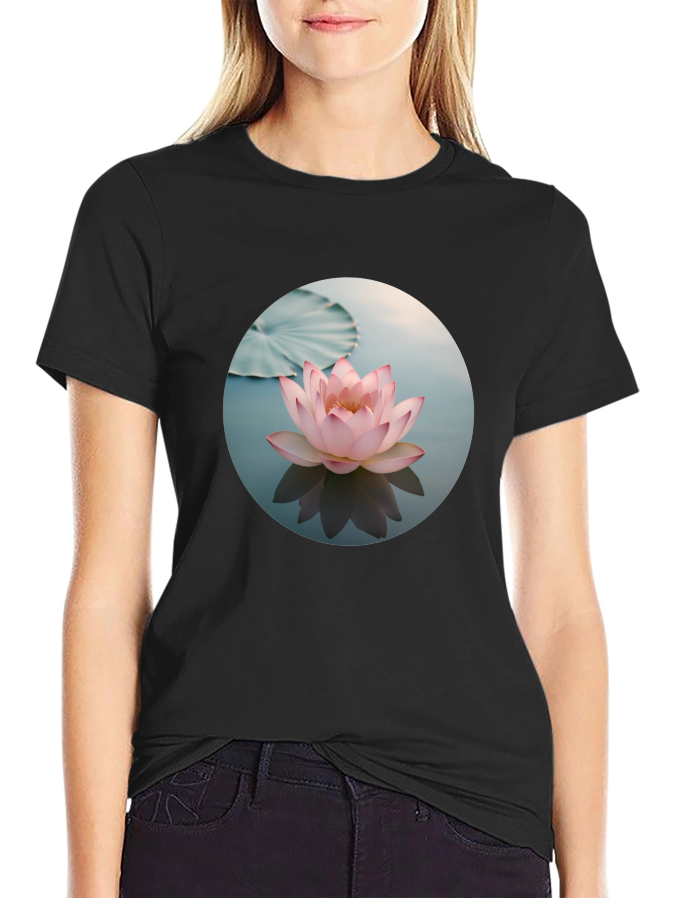 Lotus Flower Graphic Print Black T-Shirt