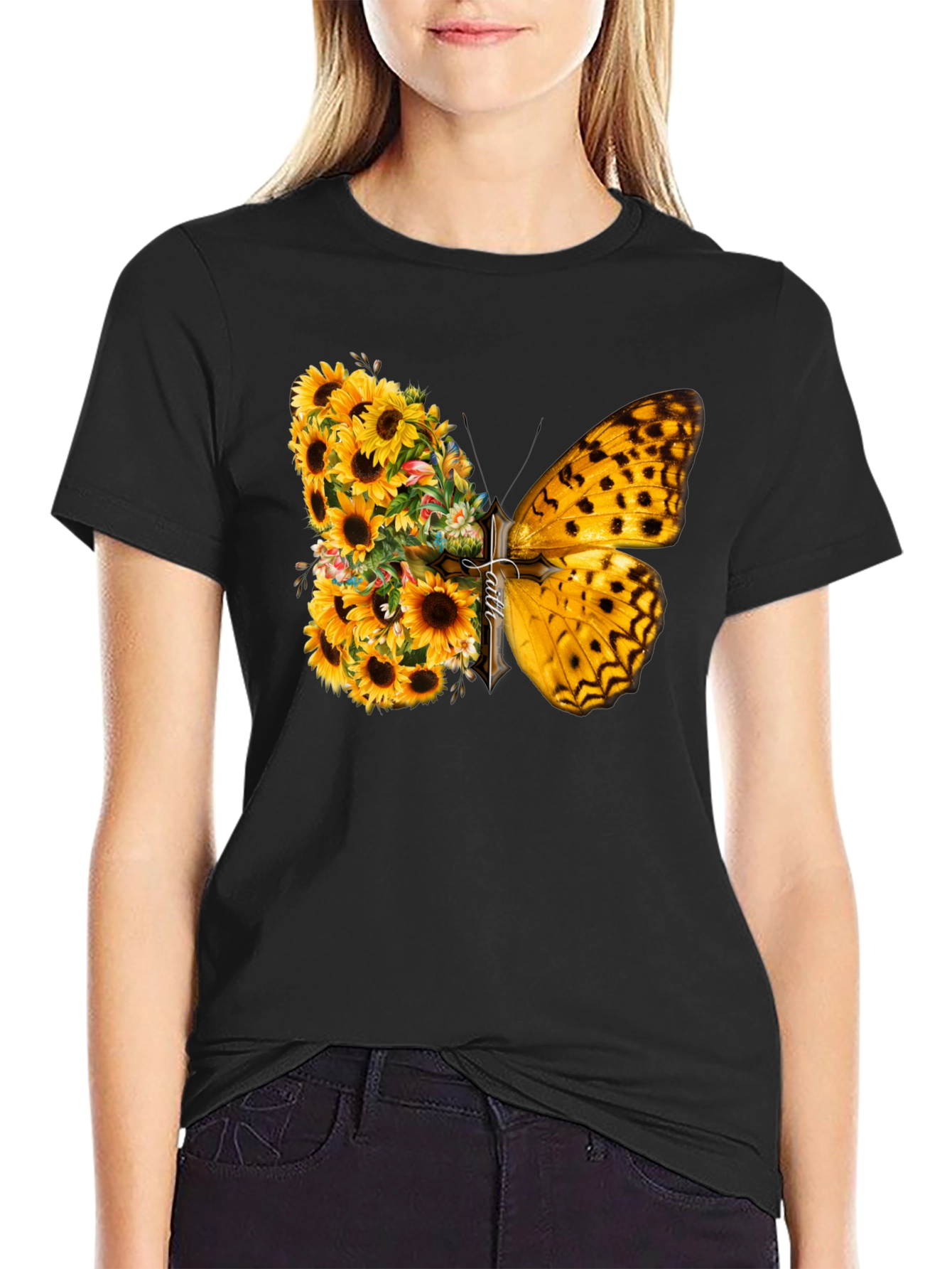 Sunflower Butterfly Graphic T-Shirt