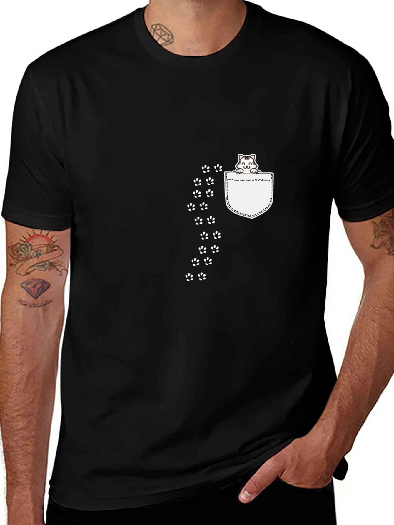 Cute Cat Pocket Print Black T-Shirt