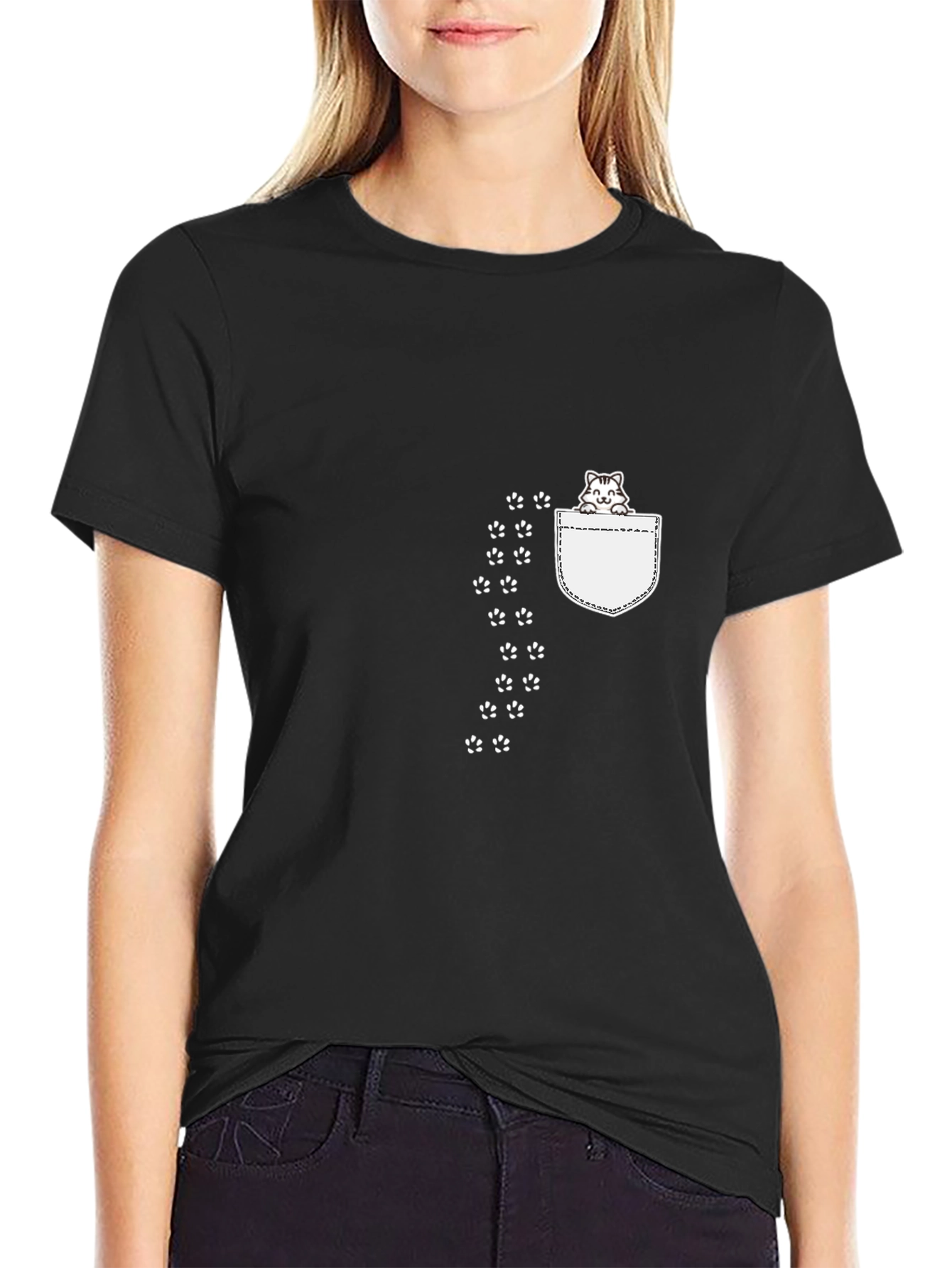 Cute Cat Pocket Print Black T-Shirt