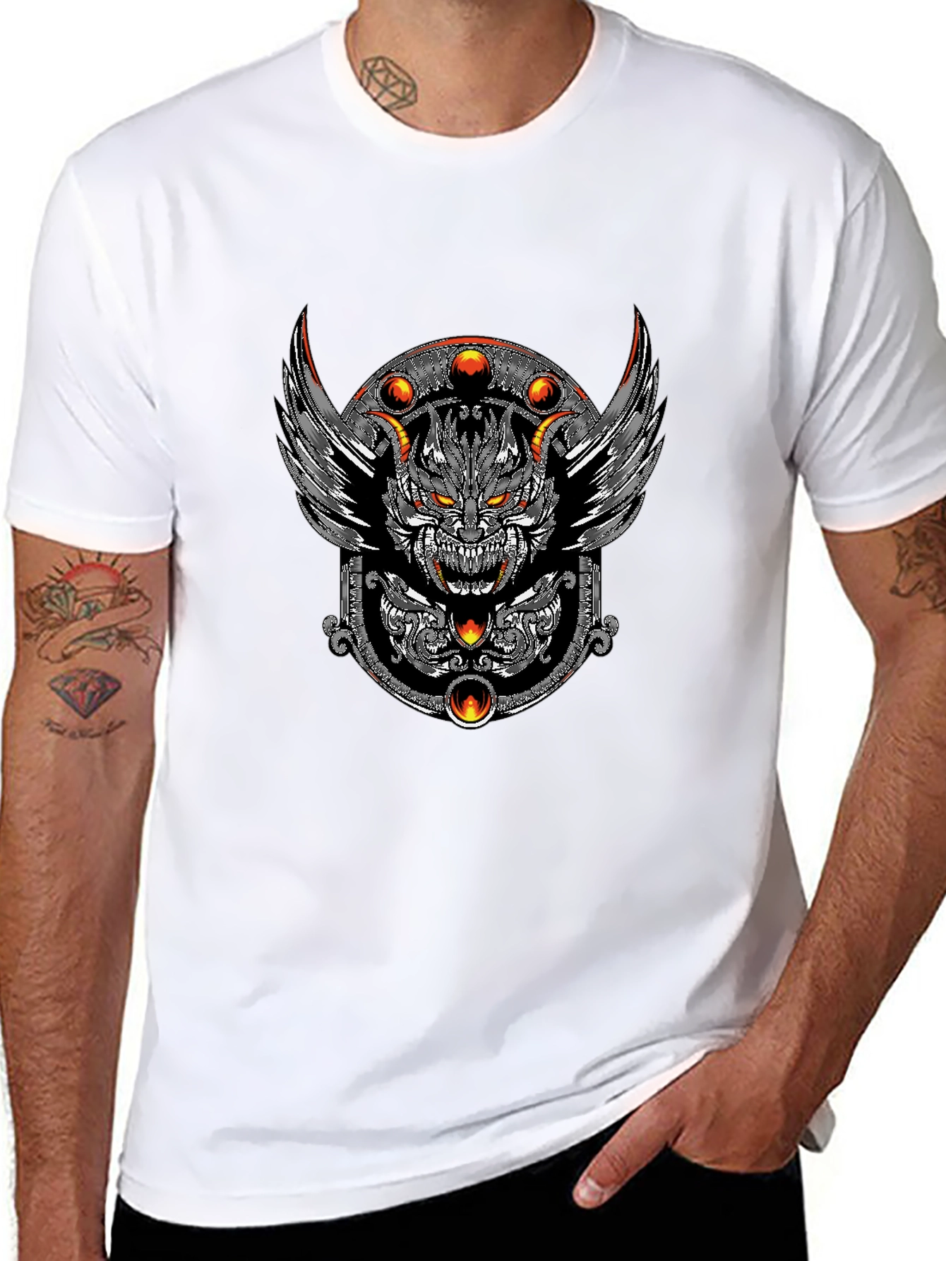 Mens Black T-Shirt with Graphic Demon Design