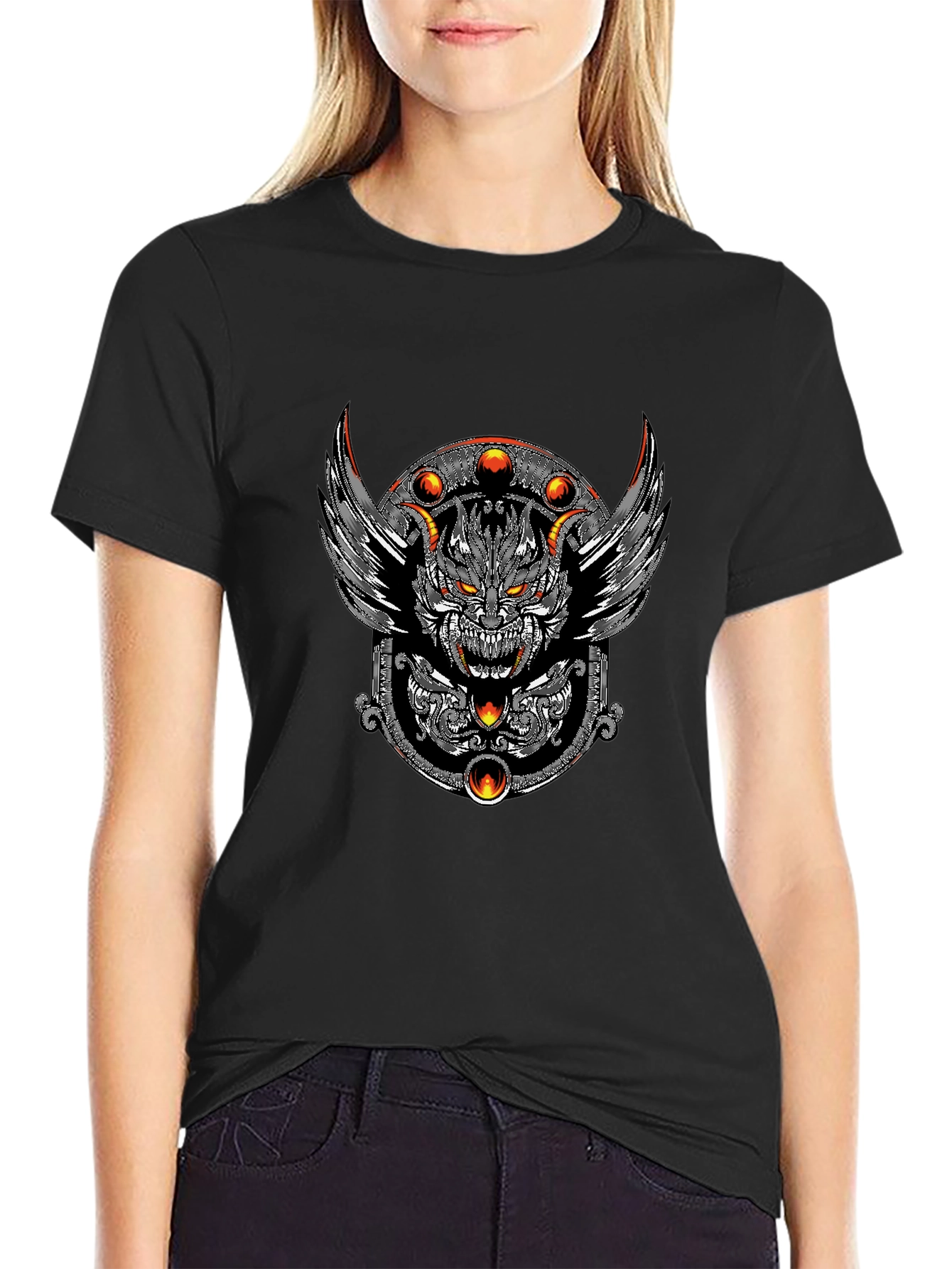 Mens Black T-Shirt with Graphic Demon Design