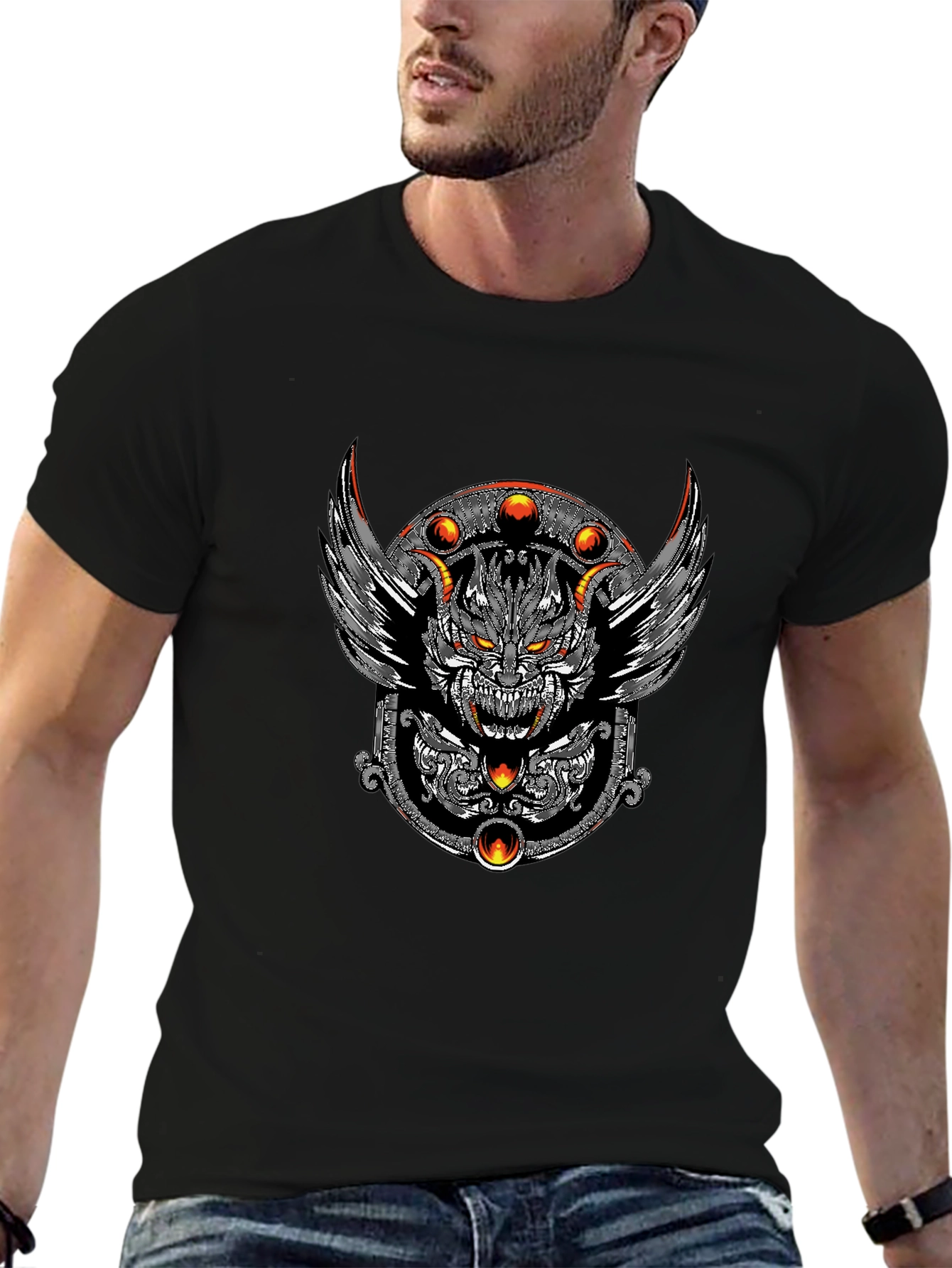 Mens Black T-Shirt with Graphic Demon Design