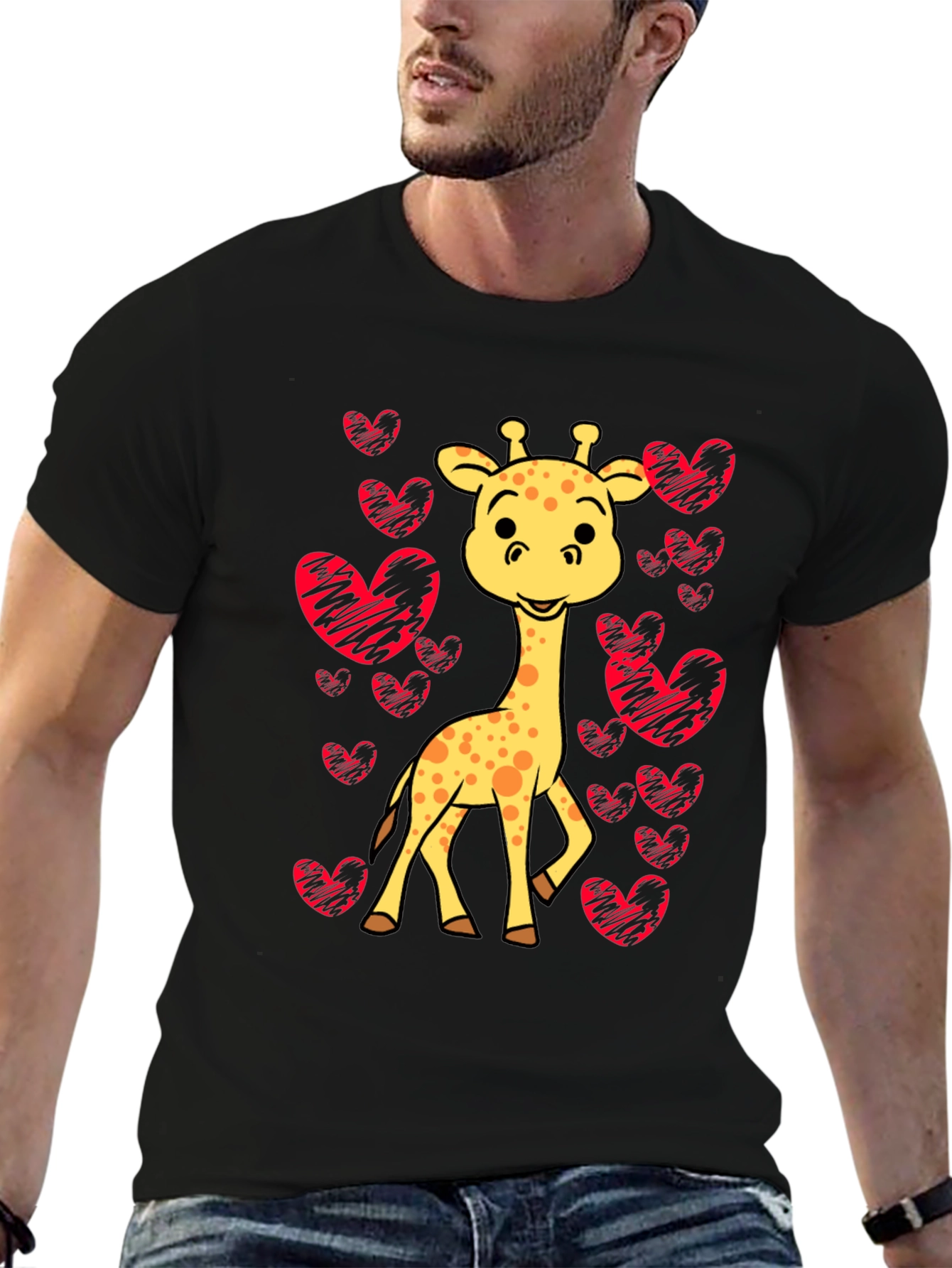 Giraffe Heart Tee - Love Animals Black Shirt