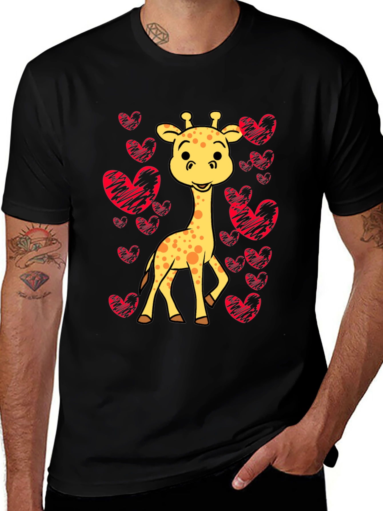 Giraffe Heart Tee - Love Animals Black Shirt