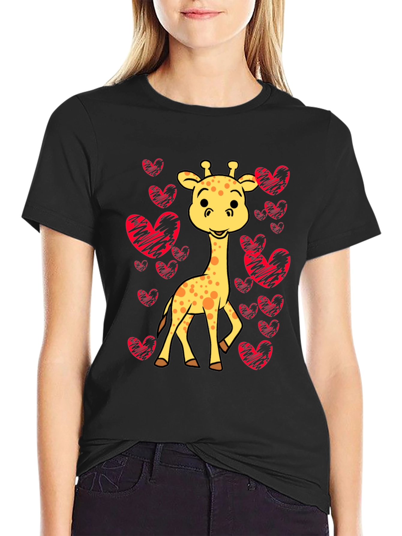 Giraffe Heart Tee - Love Animals Black Shirt